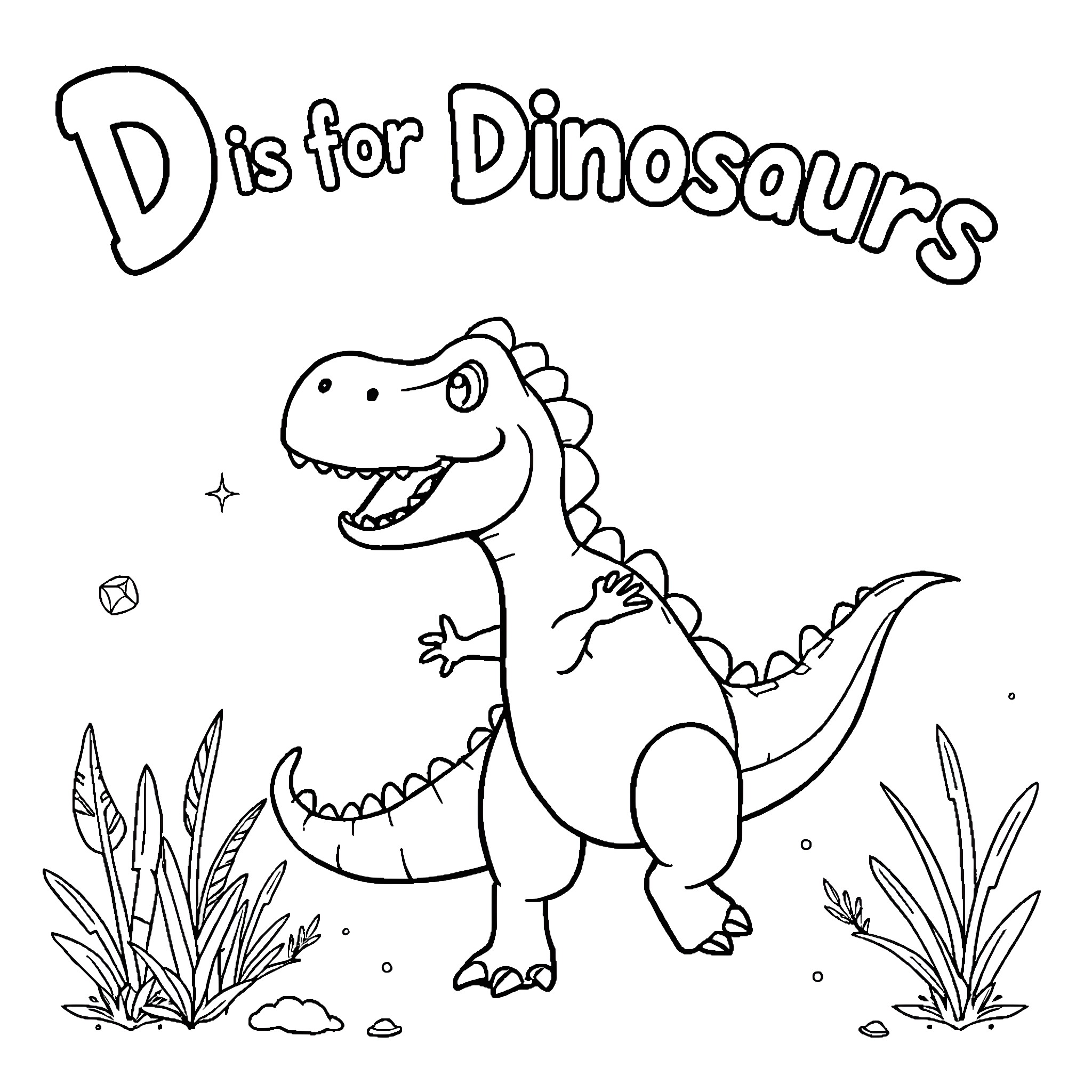 Dinosaur having fun in nature Coloring Page (free black-and-white line drawing printable PDF for all, from beginners to advanced learners, including children, teens, adults, and seniors)
