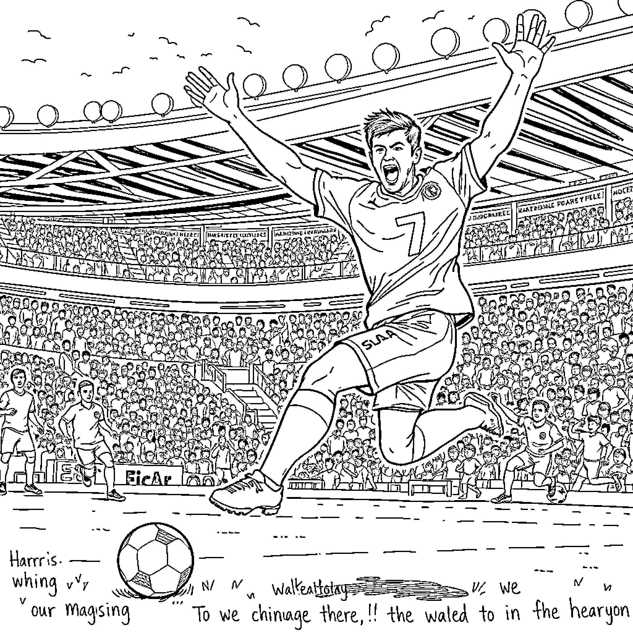 Harry Maguire's Celebratory Pose in Soccer Stadium Coloring Page (free black-and-white line drawing printable PDF for all, from beginners to advanced learners, including children, teens, adults, and seniors)