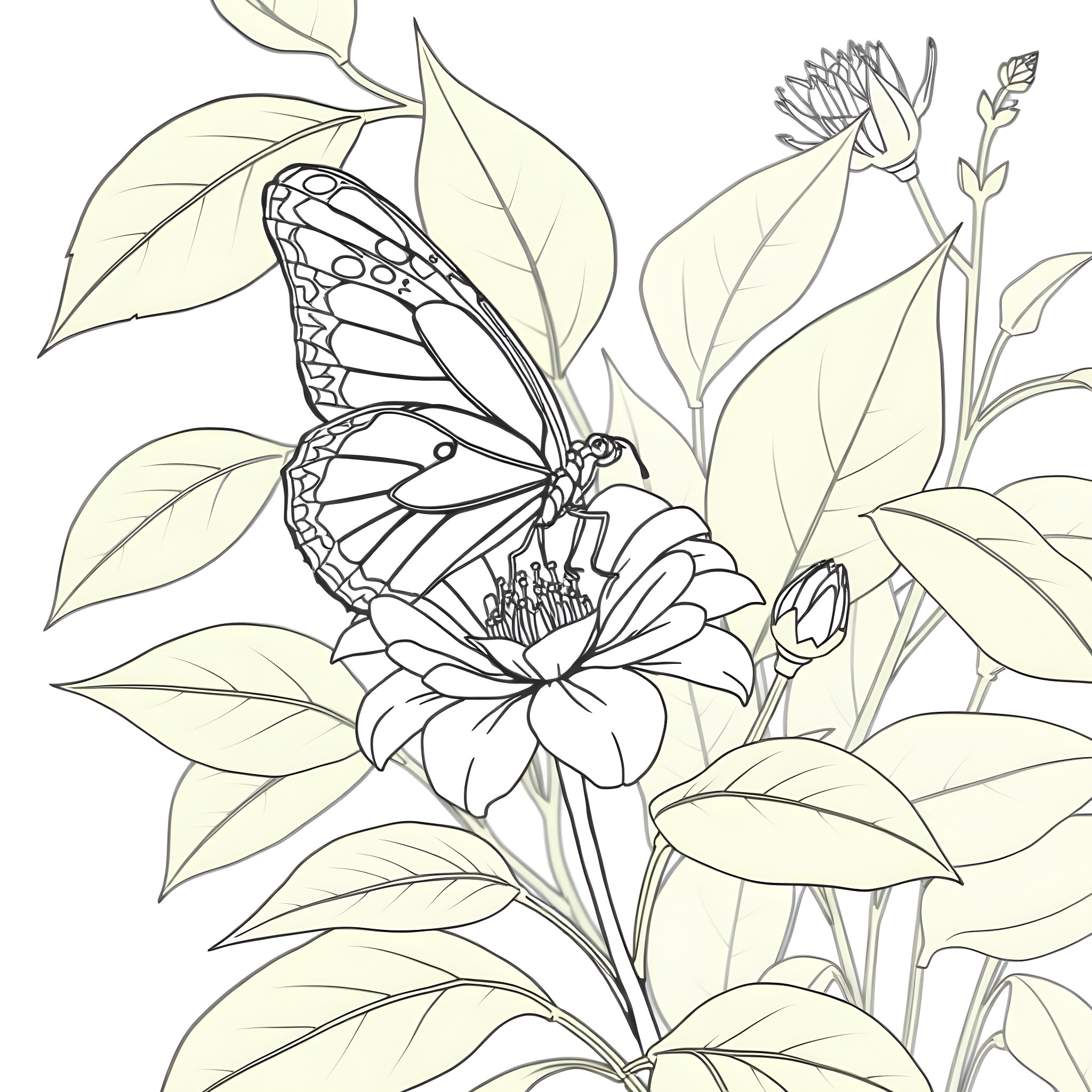 Butterfly resting on a blooming flower Coloring Page (free black-and-white line drawing printable PDF for all, from beginners to advanced learners, including children, teens, adults, and seniors)
