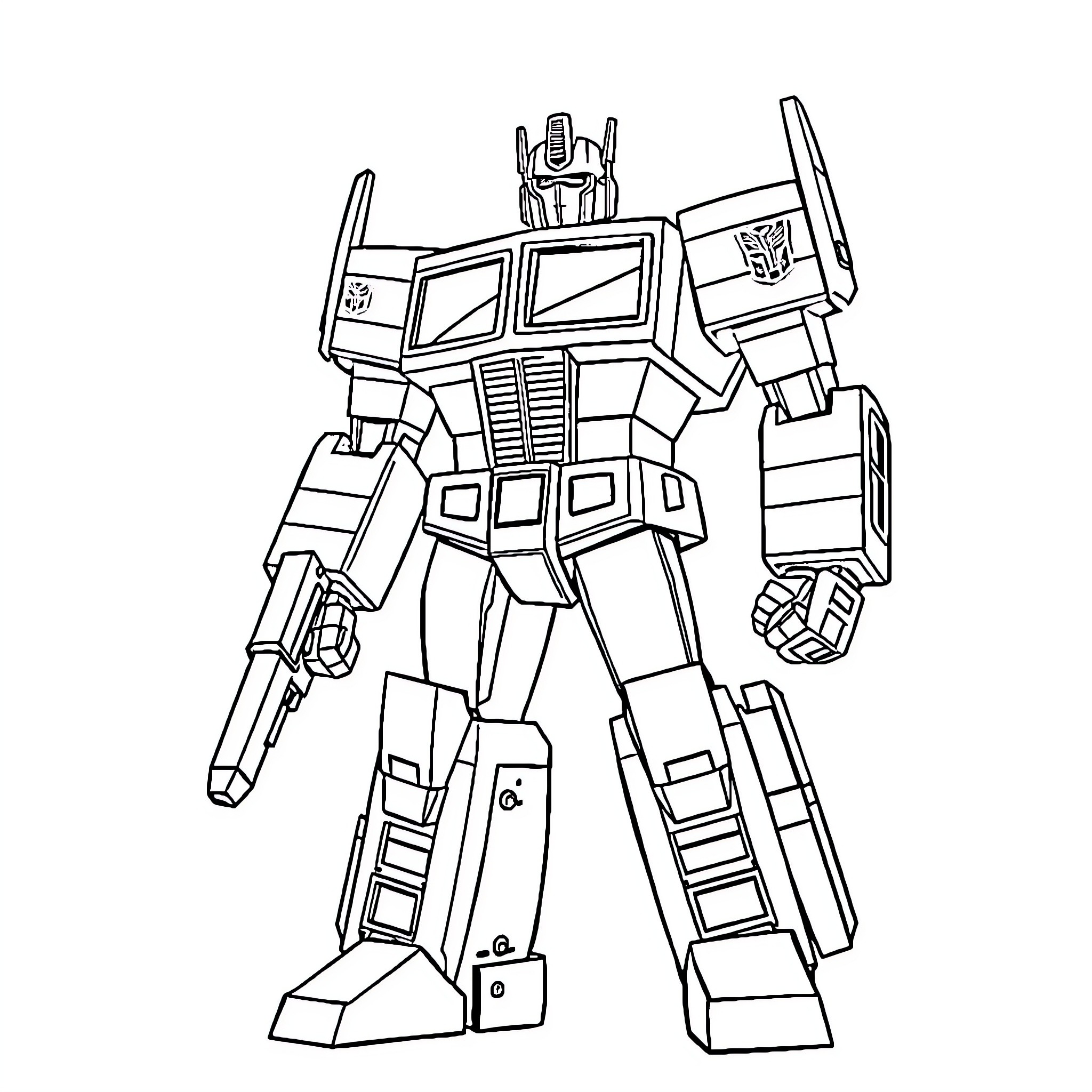 Optimus Prime transforming into robot mode Coloring Page (free black-and-white line drawing printable PDF for all, from beginners to advanced learners, including children, teens, adults, and seniors)