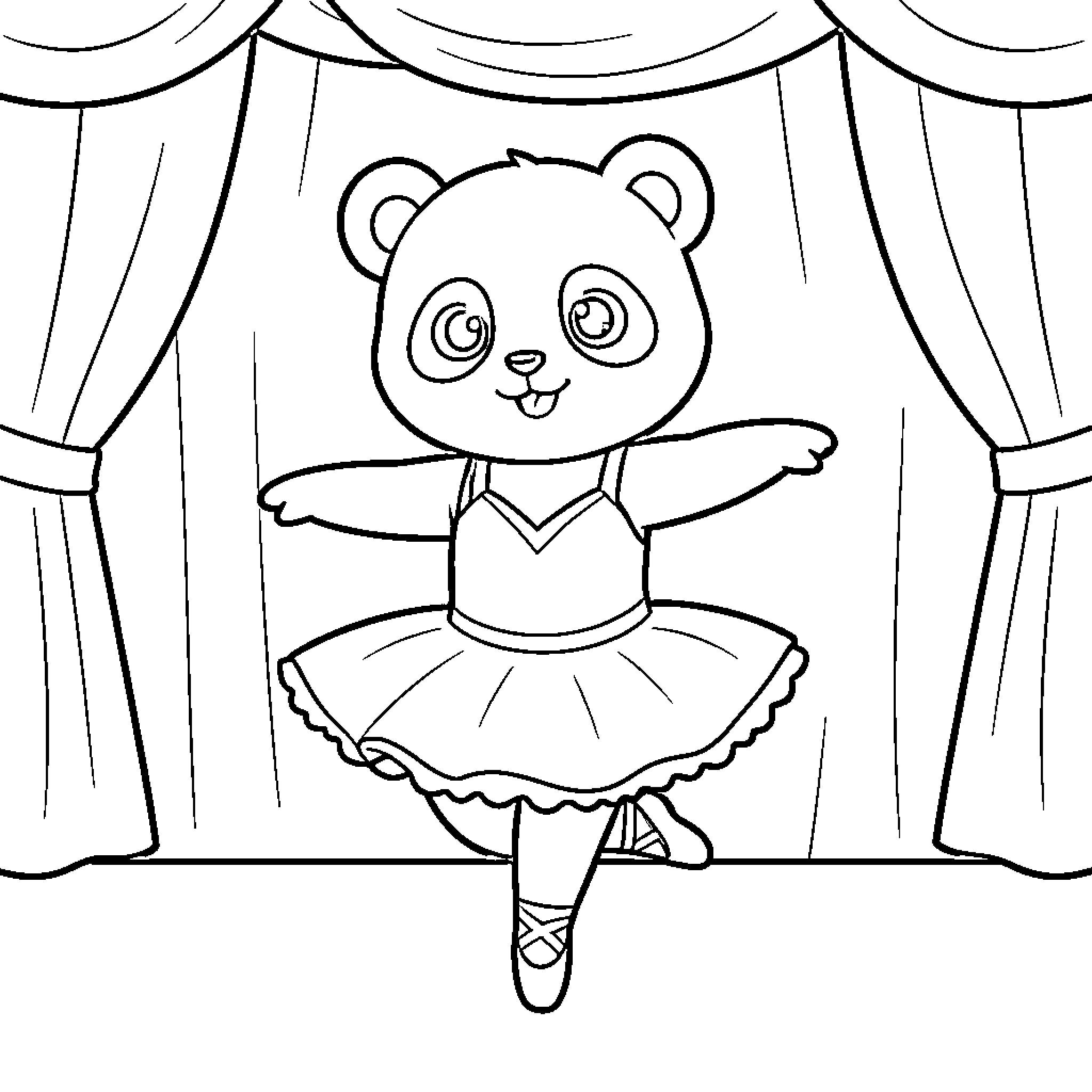 Panda ballerina performing on stage Coloring Page (free black-and-white line drawing printable PDF for all, from beginners to advanced learners, including children, teens, adults, and seniors)