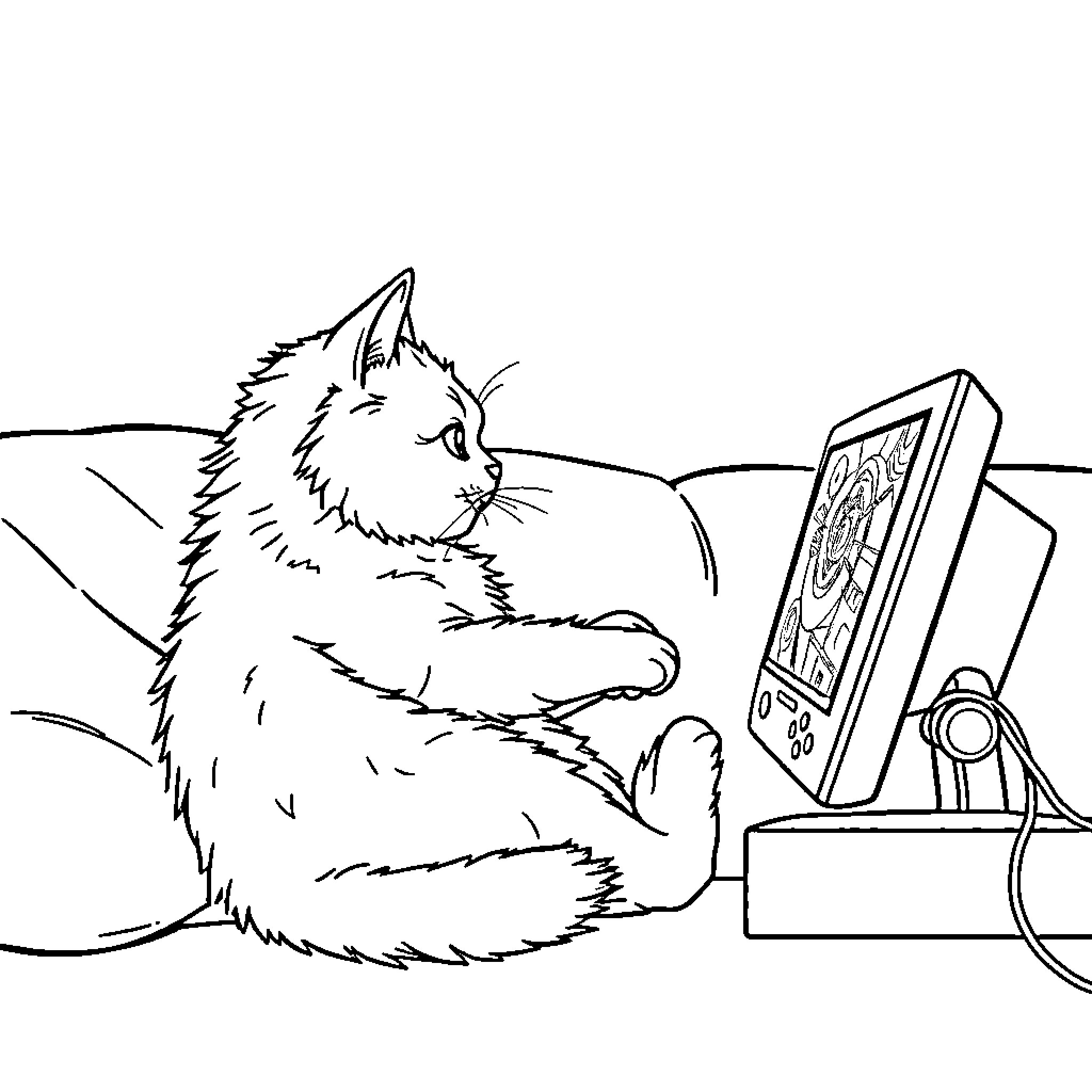 Cat playing with video game console Coloring Page (free black-and-white line drawing printable PDF for all, from beginners to advanced learners, including children, teens, adults, and seniors)