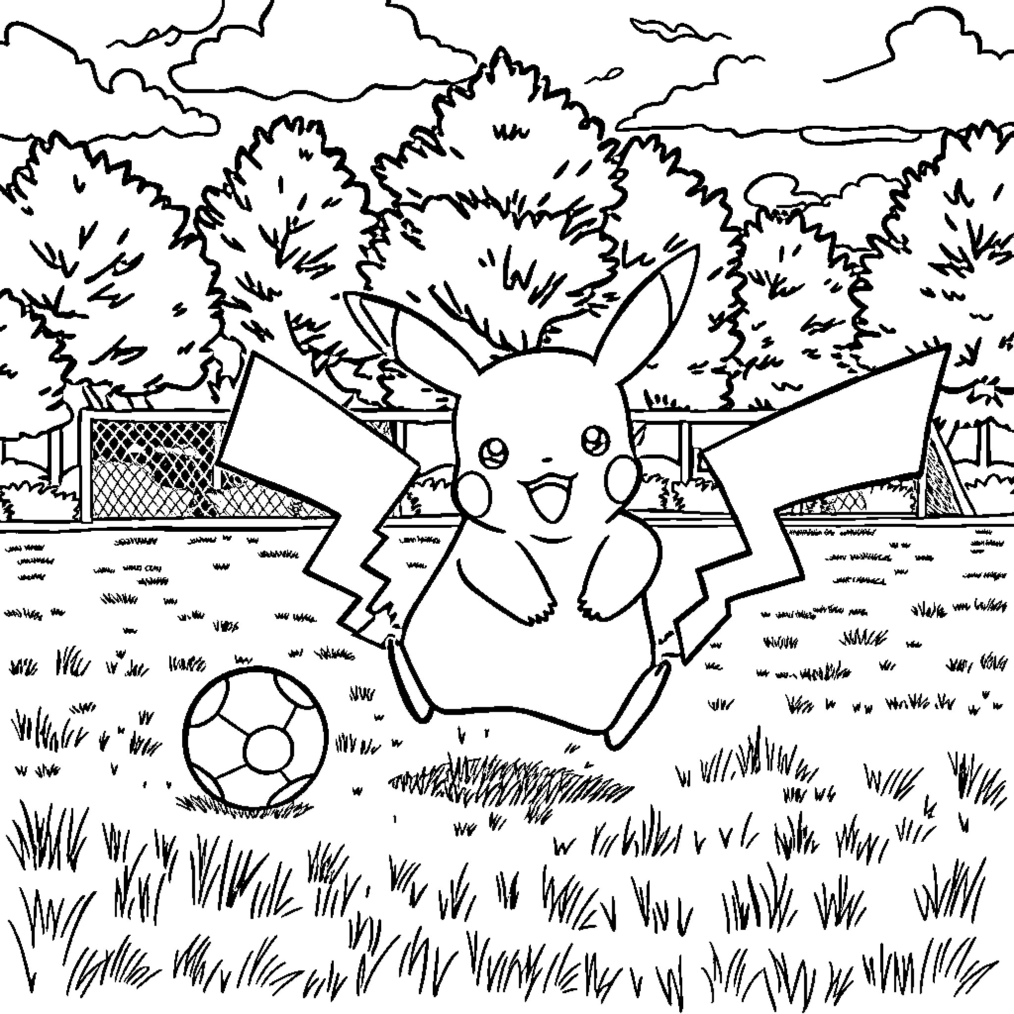 Pikachu playing with soccer ball in the park Coloring Page (free black-and-white line drawing printable PDF for all, from beginners to advanced learners, including children, teens, adults, and seniors)