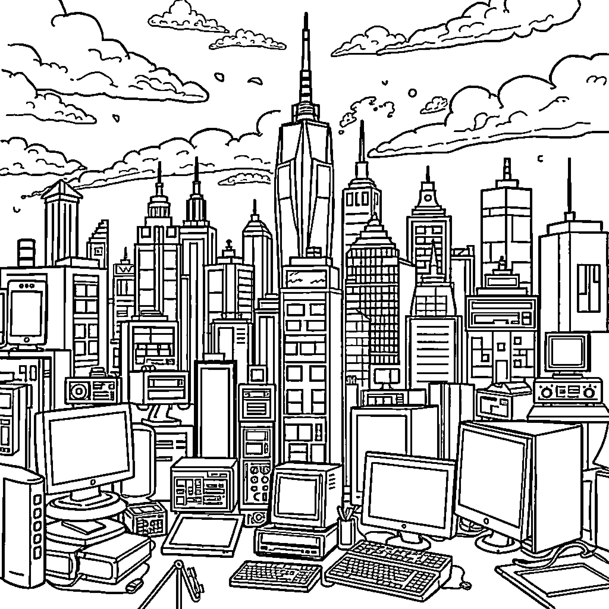 City Skyline with Technology Devices Coloring Page (free black-and-white line drawing printable PDF for all, from beginners to advanced learners, including children, teens, adults, and seniors)