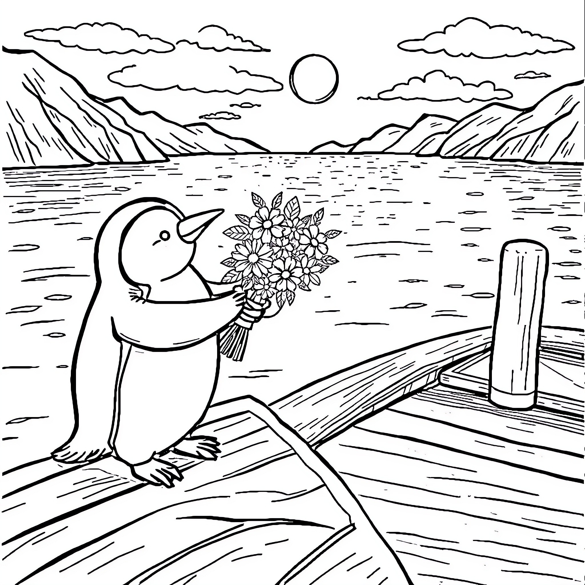 Penguin with a bouquet of flowers on the beach Coloring Page (free black-and-white line drawing printable PDF for all, from beginners to advanced learners, including children, teens, adults, and seniors)