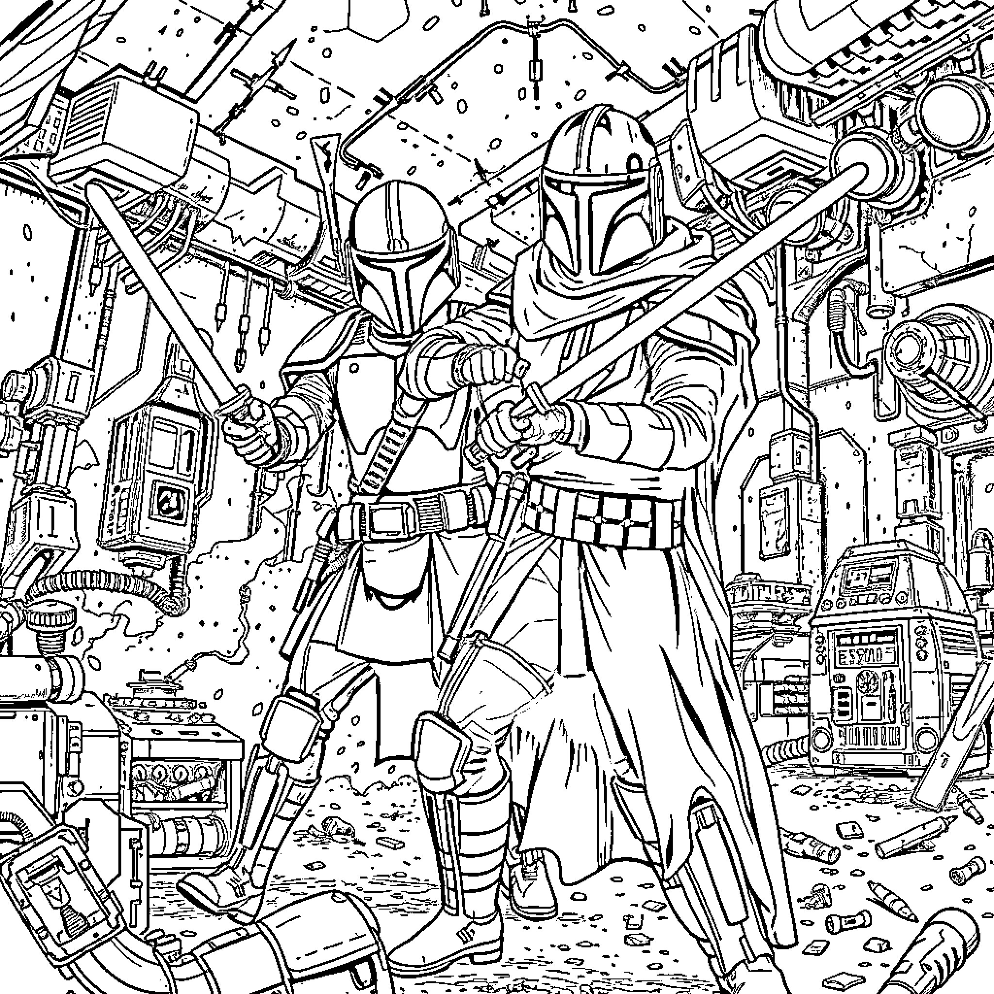 Imperial Guard in Intense Combat Amidst Futuristic Chaos Coloring Page (free black-and-white line drawing printable PDF for all, from beginners to advanced learners, including children, teens, adults, and seniors)