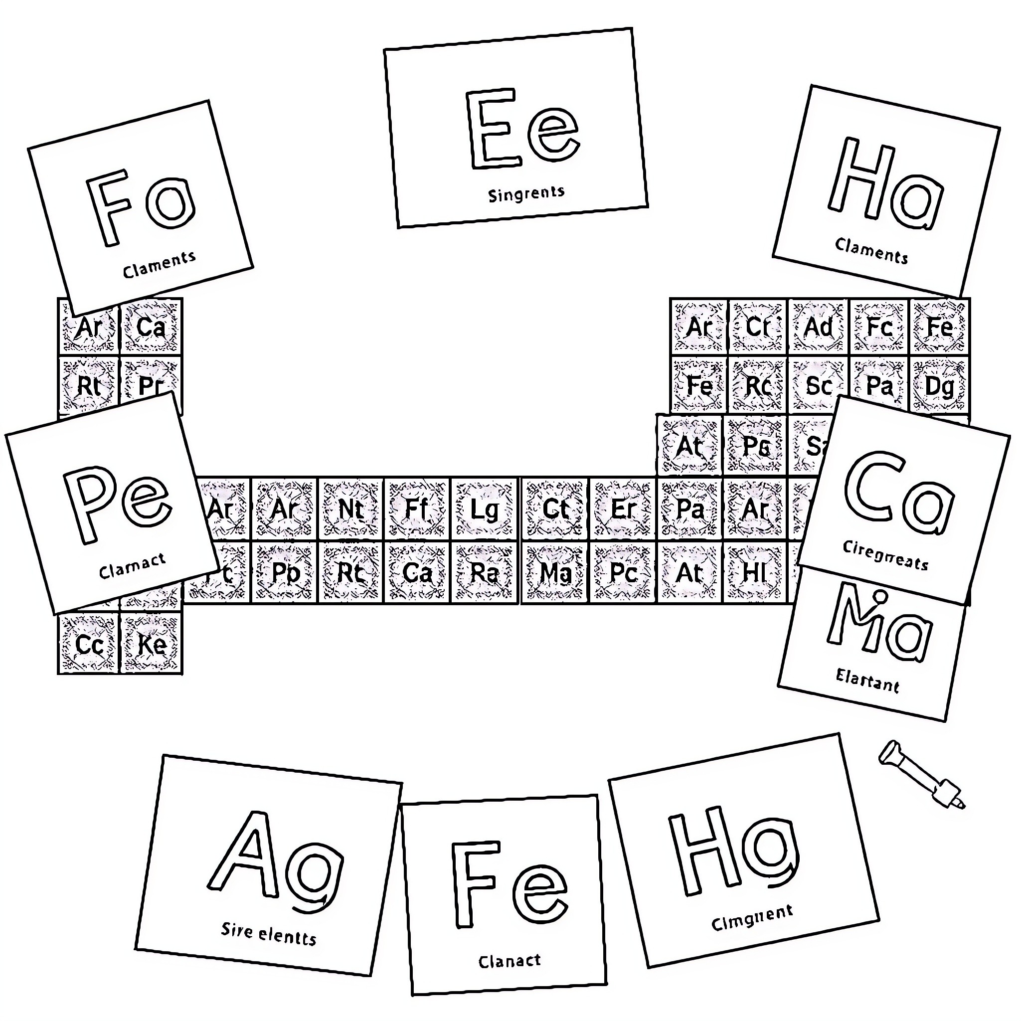 Element symbols arranged in periodic table layout Coloring Page (free black-and-white line drawing printable PDF for all, from beginners to advanced learners, including children, teens, adults, and seniors)