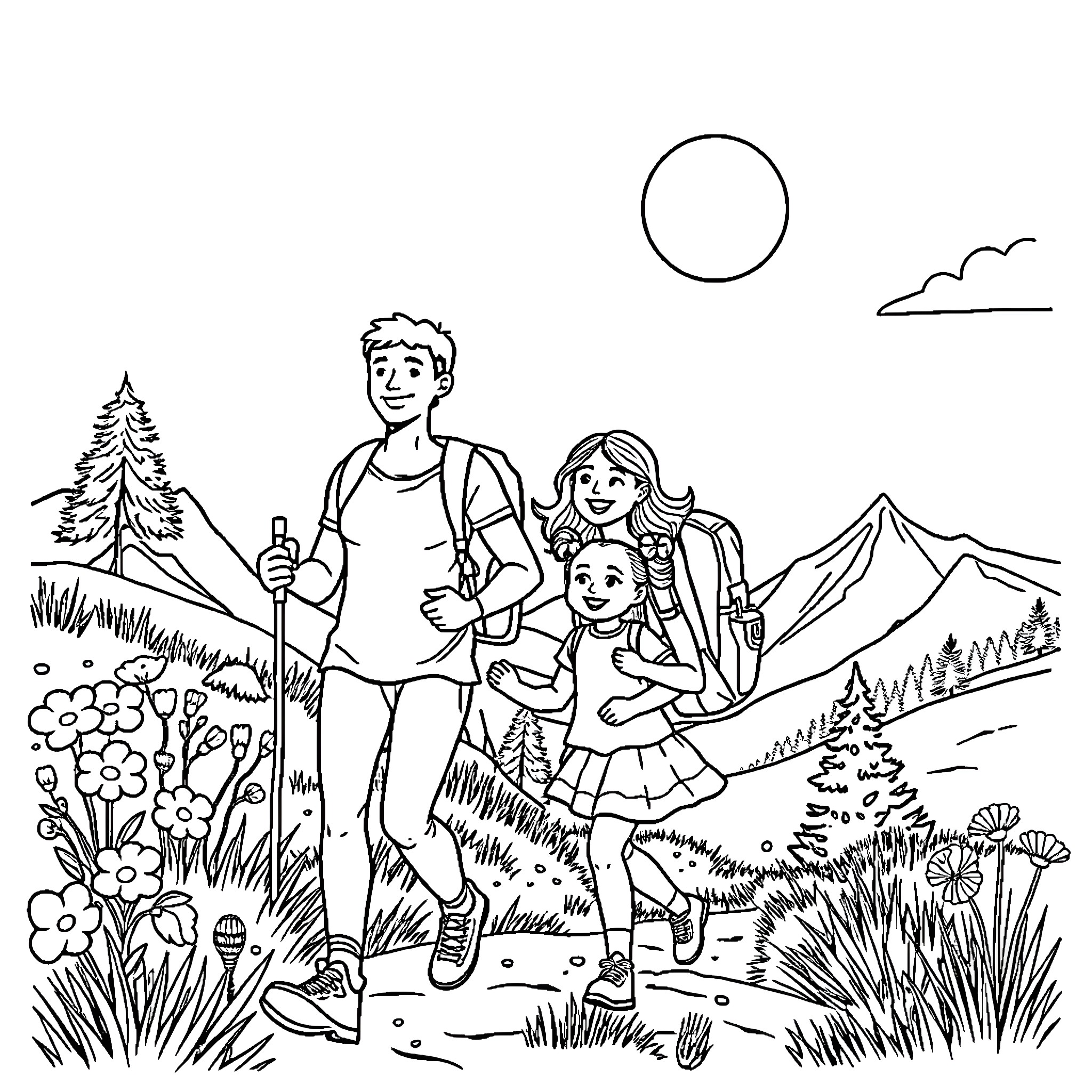 Family Enjoying a Scenic Hike in Nature Coloring Page (free black-and-white line drawing printable PDF for all, from beginners to advanced learners, including children, teens, adults, and seniors)