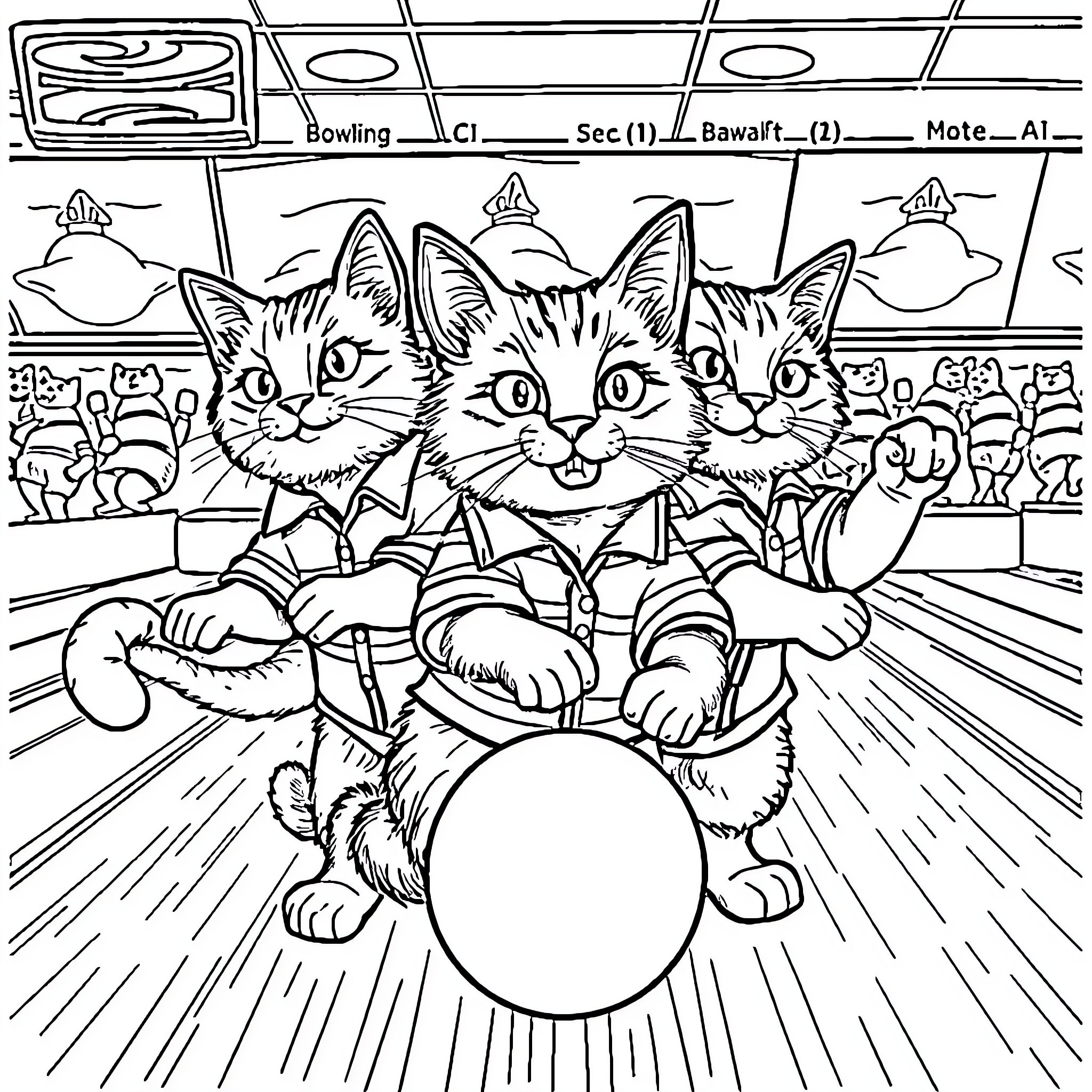 Cats Playing Bowling with Audience Coloring Page (free black-and-white line drawing printable PDF for all, from beginners to advanced learners, including children, teens, adults, and seniors)