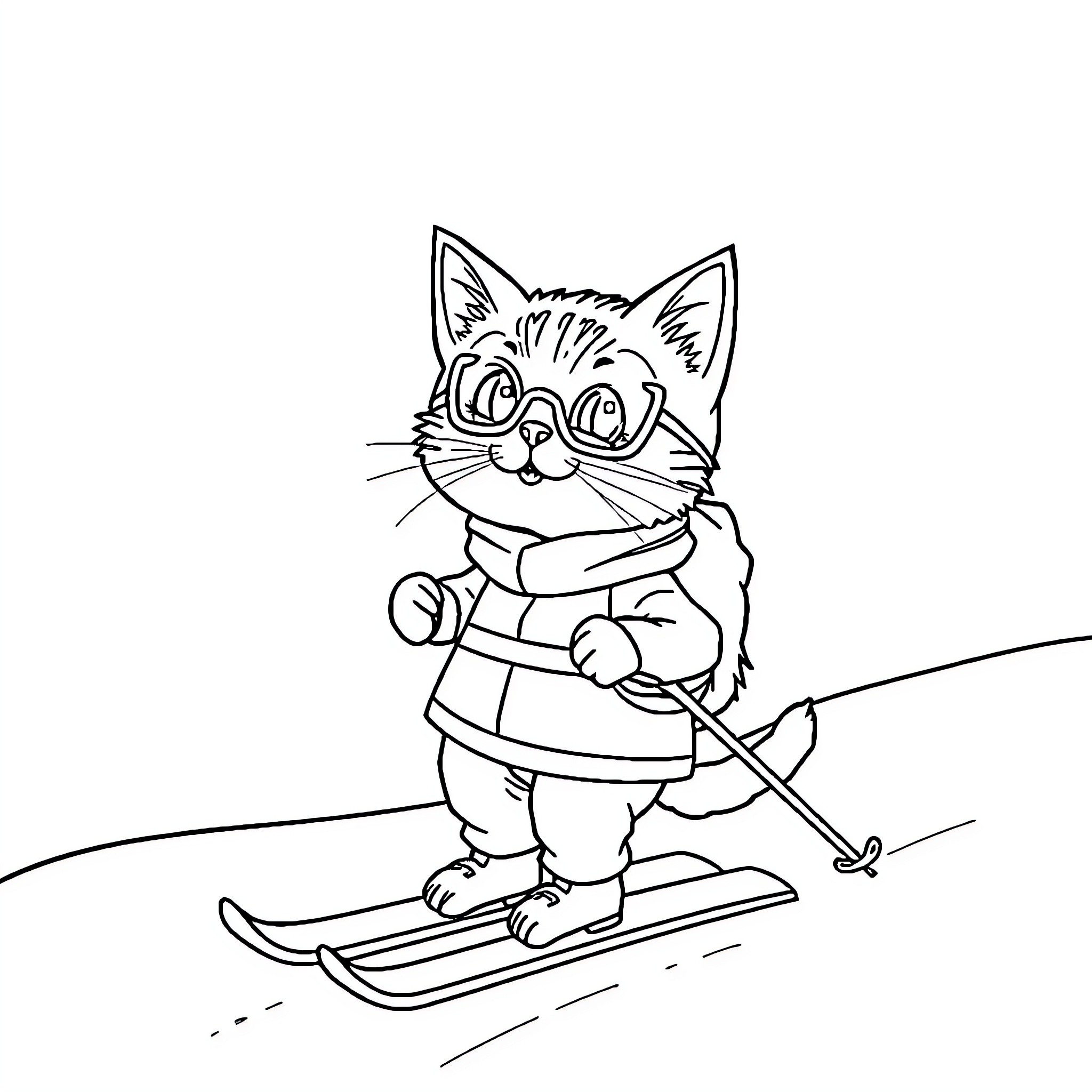 Ragamuffin cat goes skiing down the slopes Coloring Page (free black-and-white line drawing printable PDF for all, from beginners to advanced learners, including children, teens, adults, and seniors)