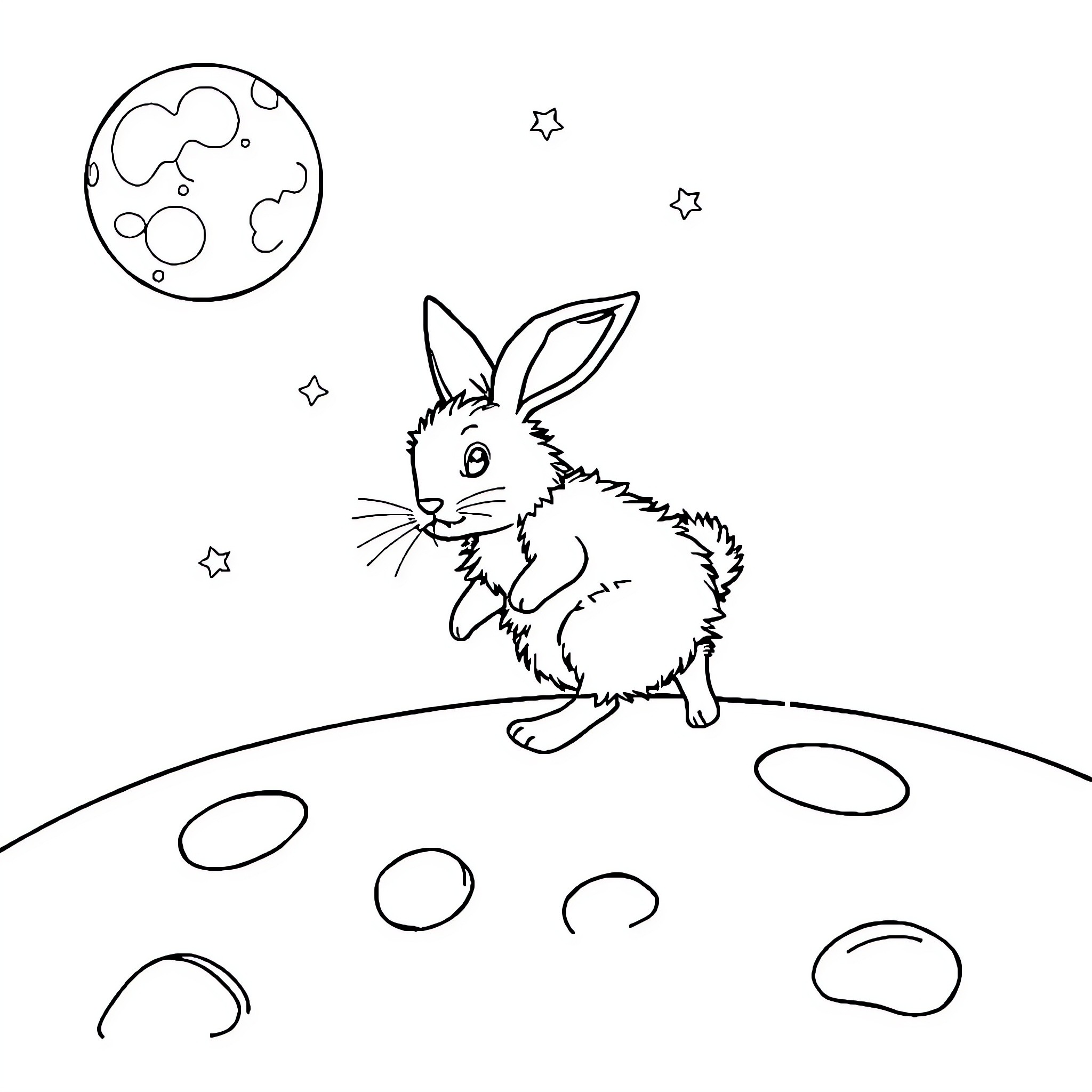 Rabbit admiring the night sky Coloring Page (free black-and-white line drawing printable PDF for all, from beginners to advanced learners, including children, teens, adults, and seniors)