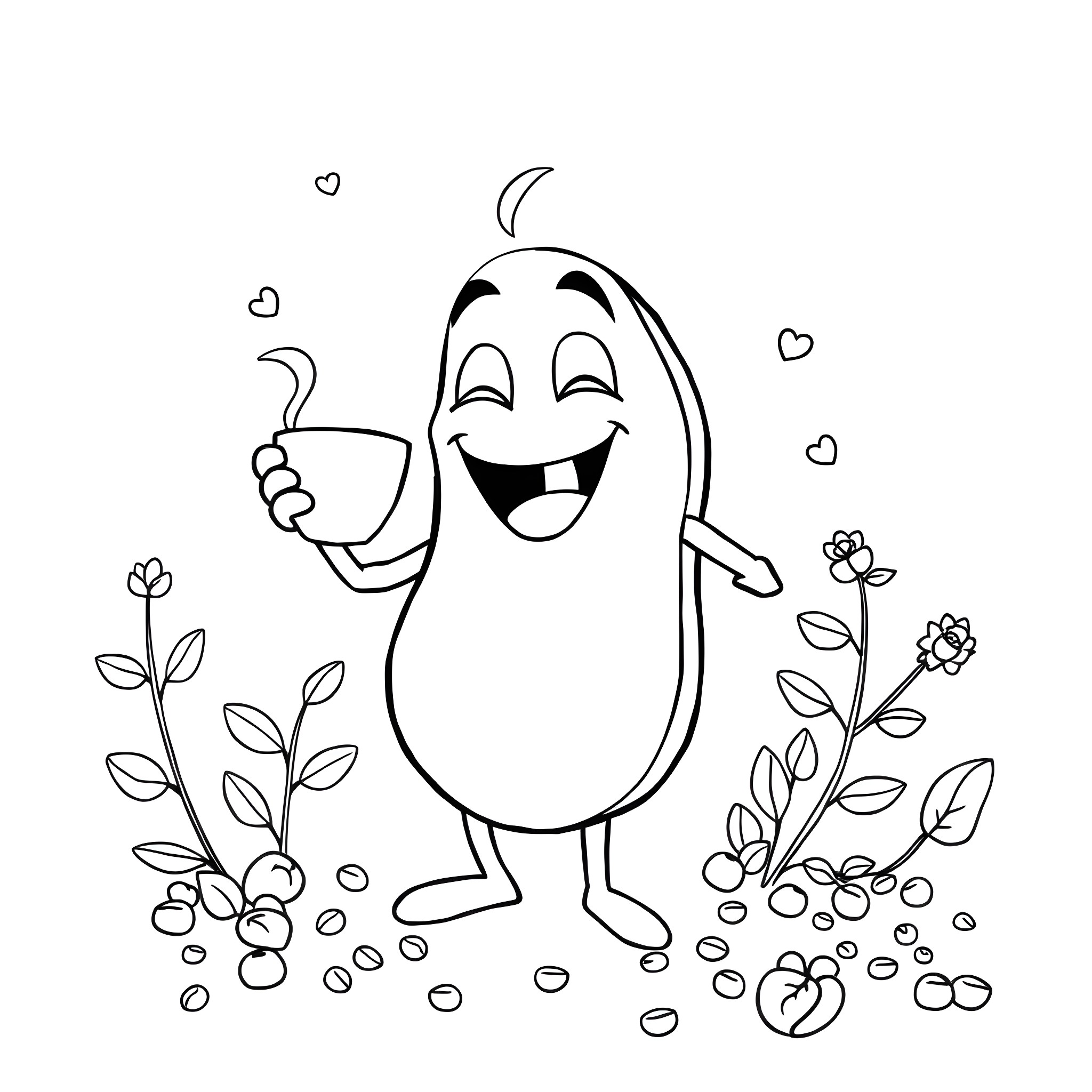 Coffee Bean Enjoying a Cup of Coffee Coloring Page (free black-and-white line drawing printable PDF for all, from beginners to advanced learners, including children, teens, adults, and seniors)