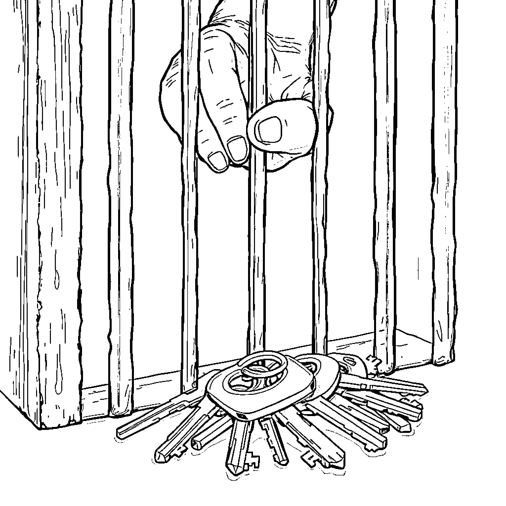 Hand Reaching Through Bars with Keys Coloring Page (free black-and-white line drawing printable PDF for all, from beginners to advanced learners, including children, teens, adults, and seniors)
