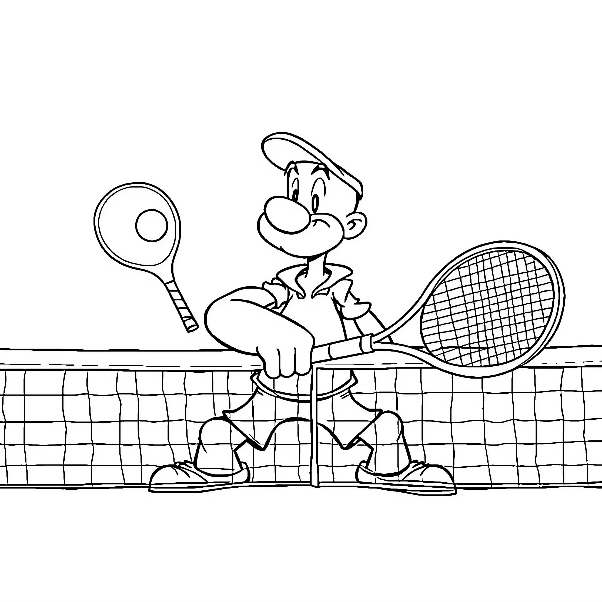 Popeye playing tennis on the court Coloring Page (free black-and-white line drawing printable PDF for all, from beginners to advanced learners, including children, teens, adults, and seniors)