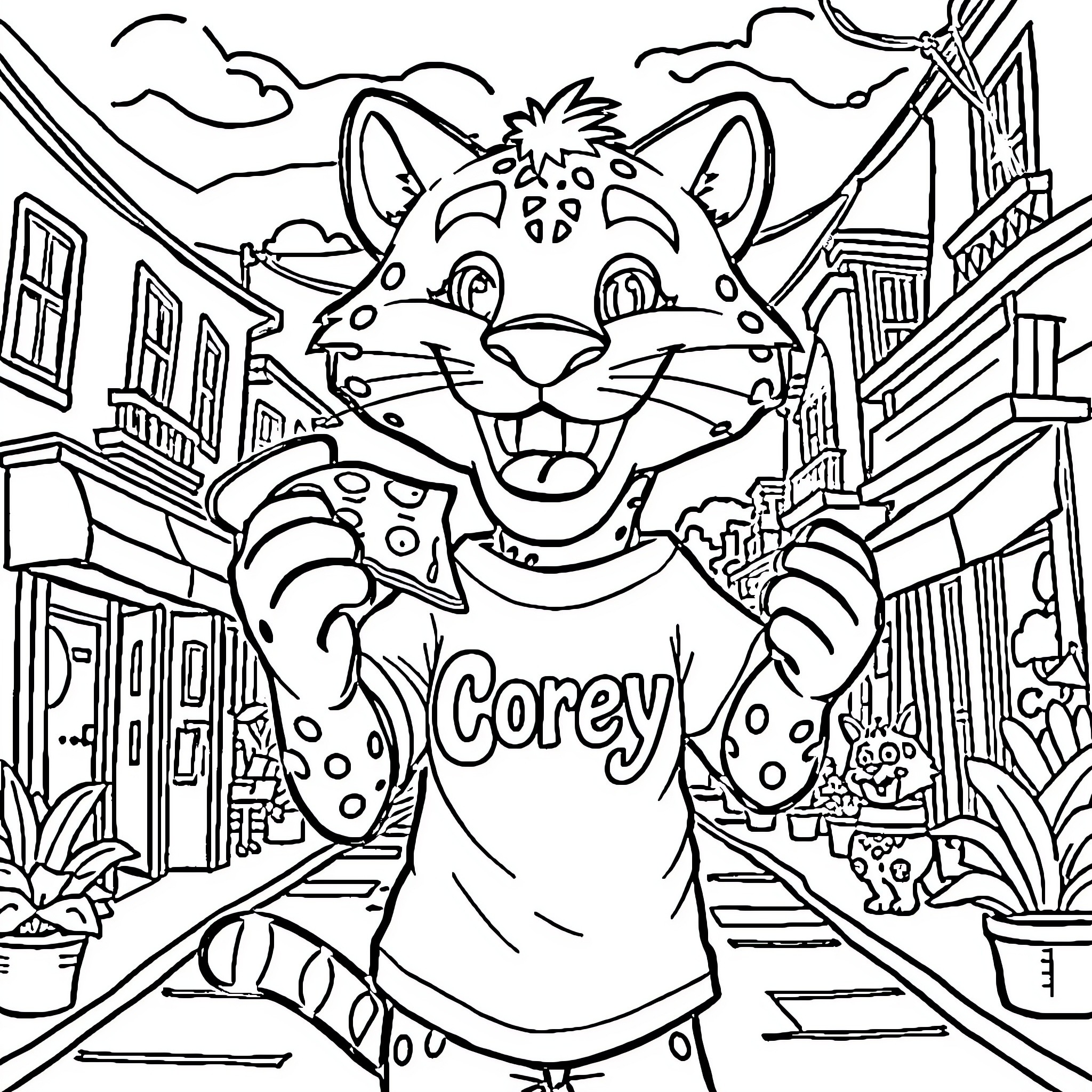 Cougar character posing enthusiastically in cartoon city Coloring Page (free black-and-white line drawing printable PDF for all, from beginners to advanced learners, including children, teens, adults, and seniors)