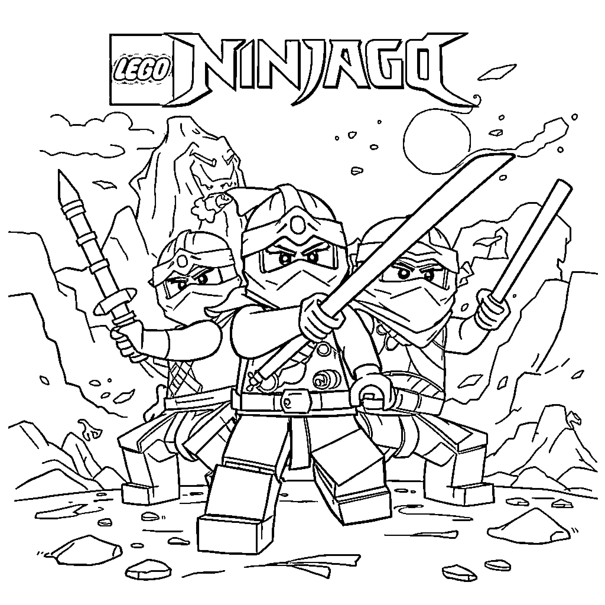 Ninjago heroes in action with swords and weapons Coloring Page (free black-and-white line drawing printable PDF for all, from beginners to advanced learners, including children, teens, adults, and seniors)