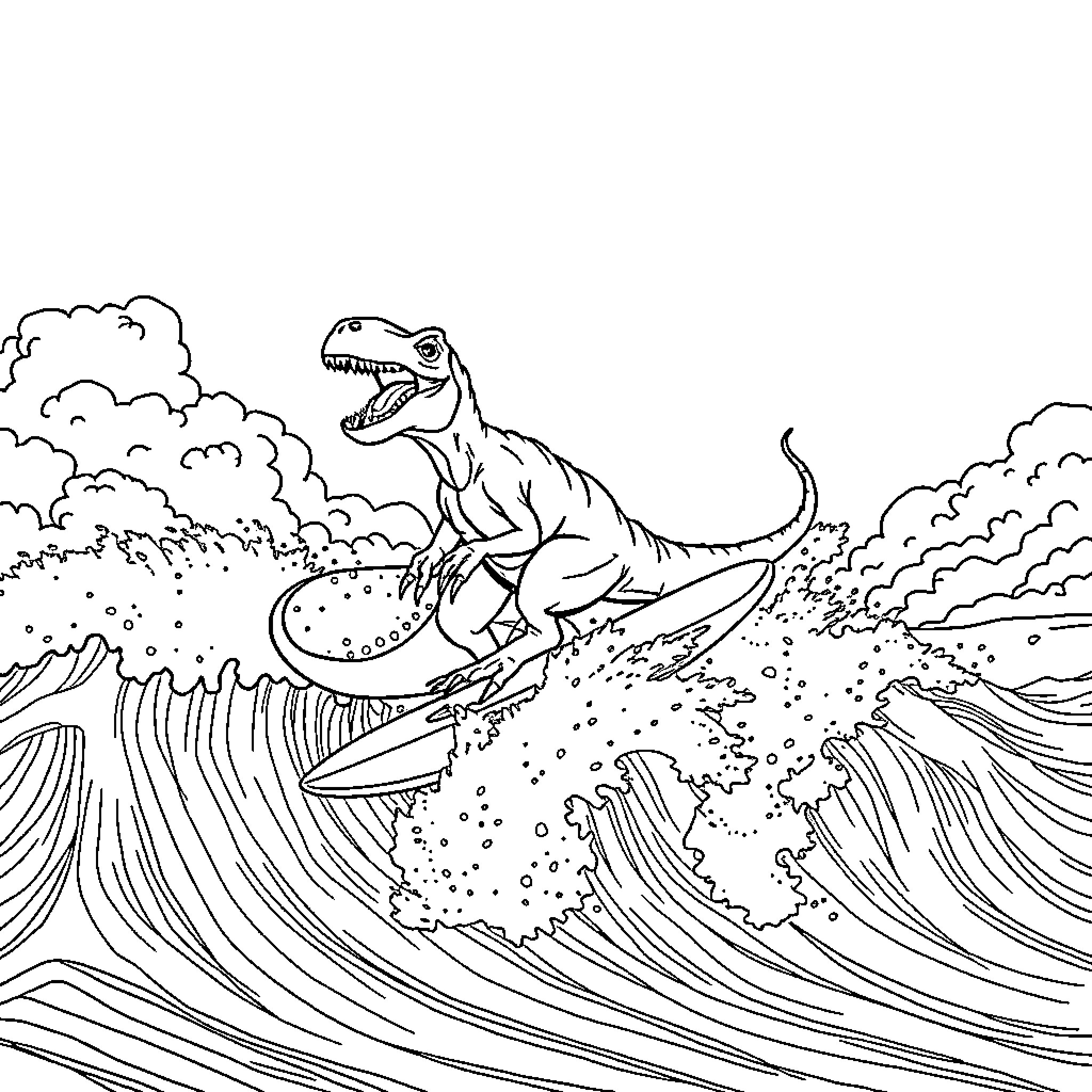 Dino surfing massive waves Coloring Page (free black-and-white line drawing printable PDF for all, from beginners to advanced learners, including children, teens, adults, and seniors)