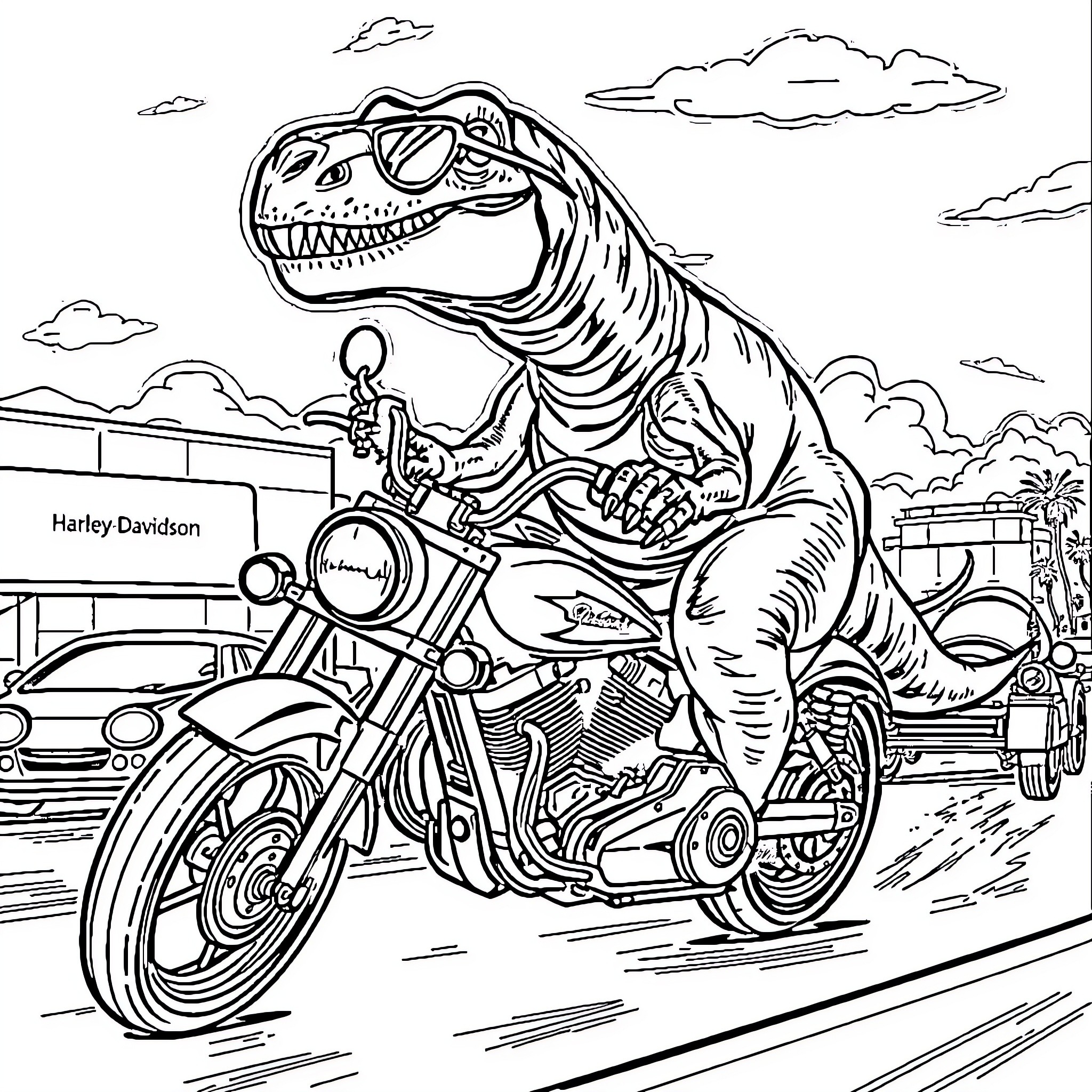Dinosaur riding a Harley-Davidson motorcycle Coloring Page (free black-and-white line drawing printable PDF for all, from beginners to advanced learners, including children, teens, adults, and seniors)