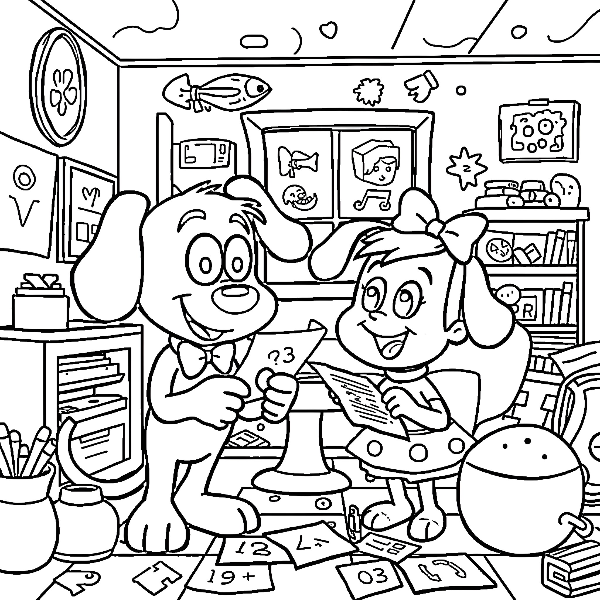 Bluey and Bingo playing together in their playroom Coloring Page (free black-and-white line drawing printable PDF for all, from beginners to advanced learners, including children, teens, adults, and seniors)