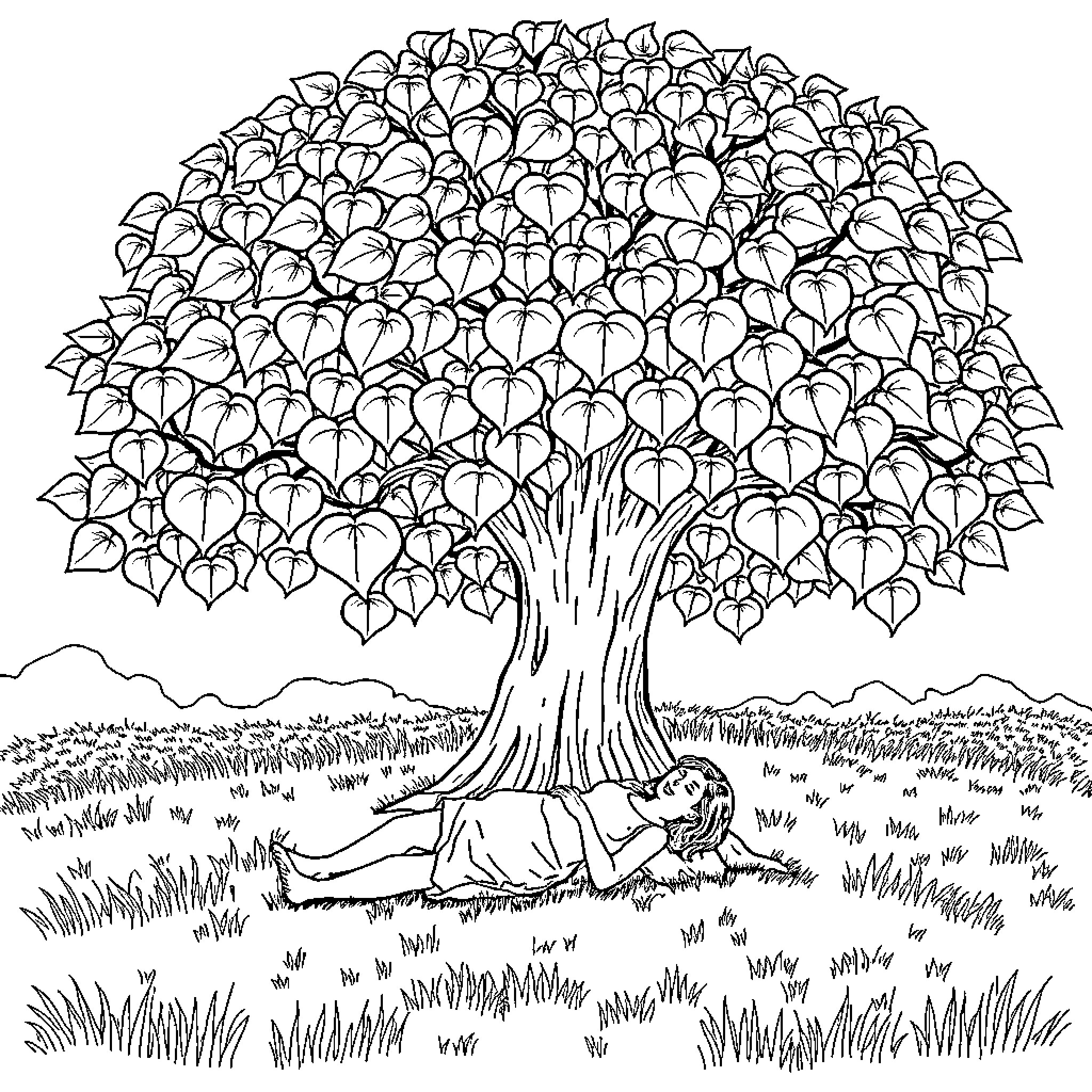 Person relaxing under a large tree Coloring Page (free black-and-white line drawing printable PDF for all, from beginners to advanced learners, including children, teens, adults, and seniors)