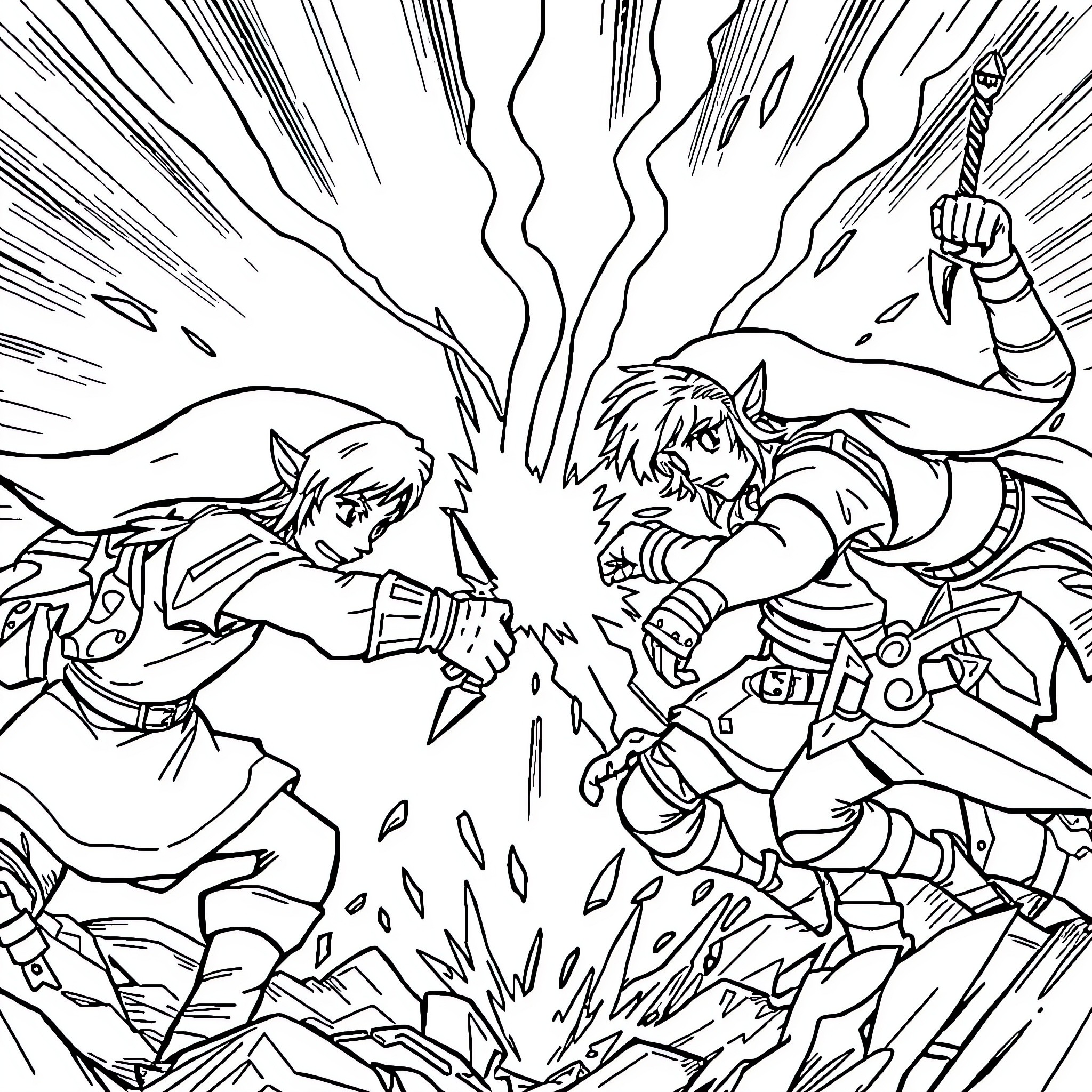 Link in Fierce Battle with Powerful Foe Coloring Page (free black-and-white line drawing printable PDF for all, from beginners to advanced learners, including children, teens, adults, and seniors)