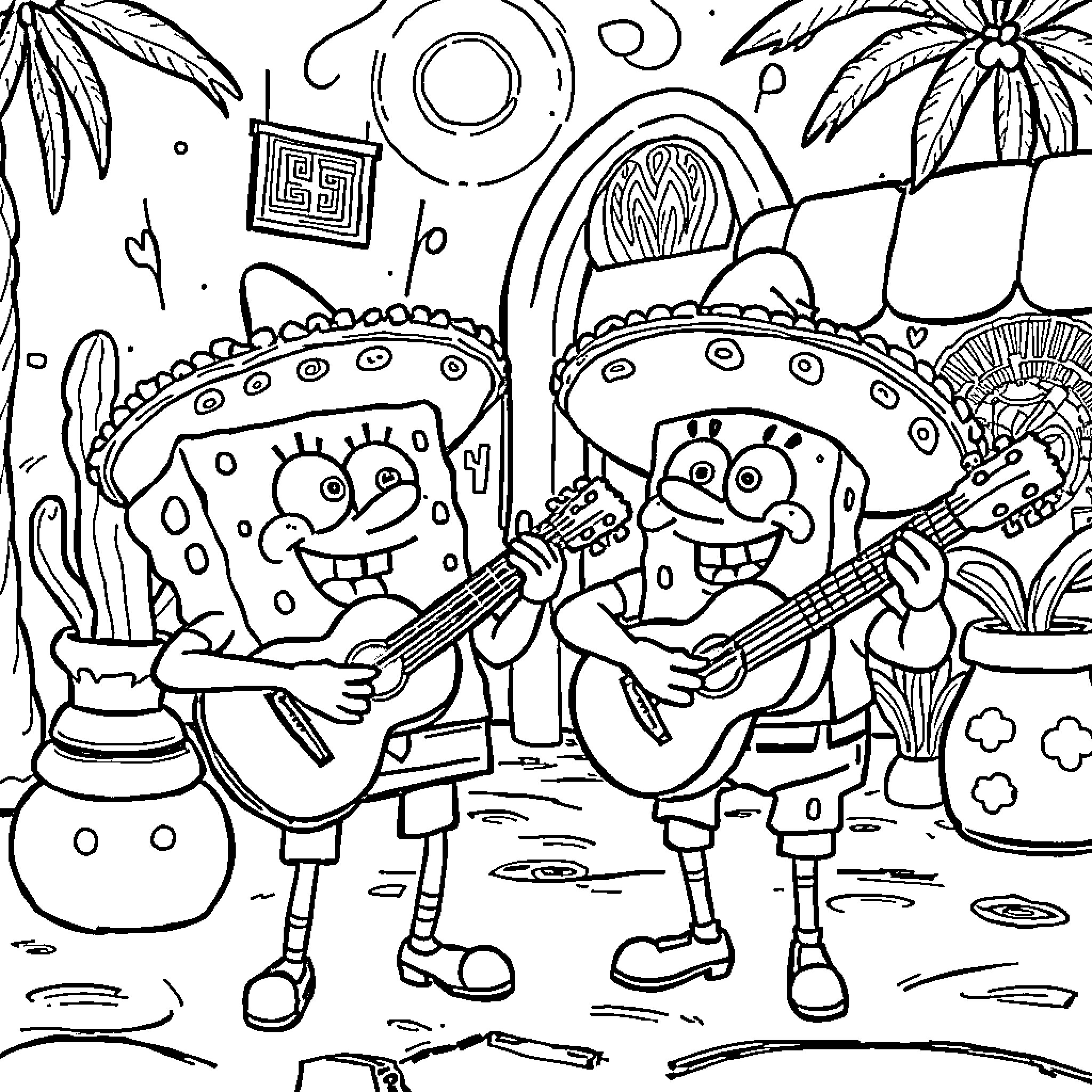 Spongebob Characters Playing Guitars in Tropical Scene Coloring Page (free black-and-white line drawing printable PDF for all, from beginners to advanced learners, including children, teens, adults, and seniors)