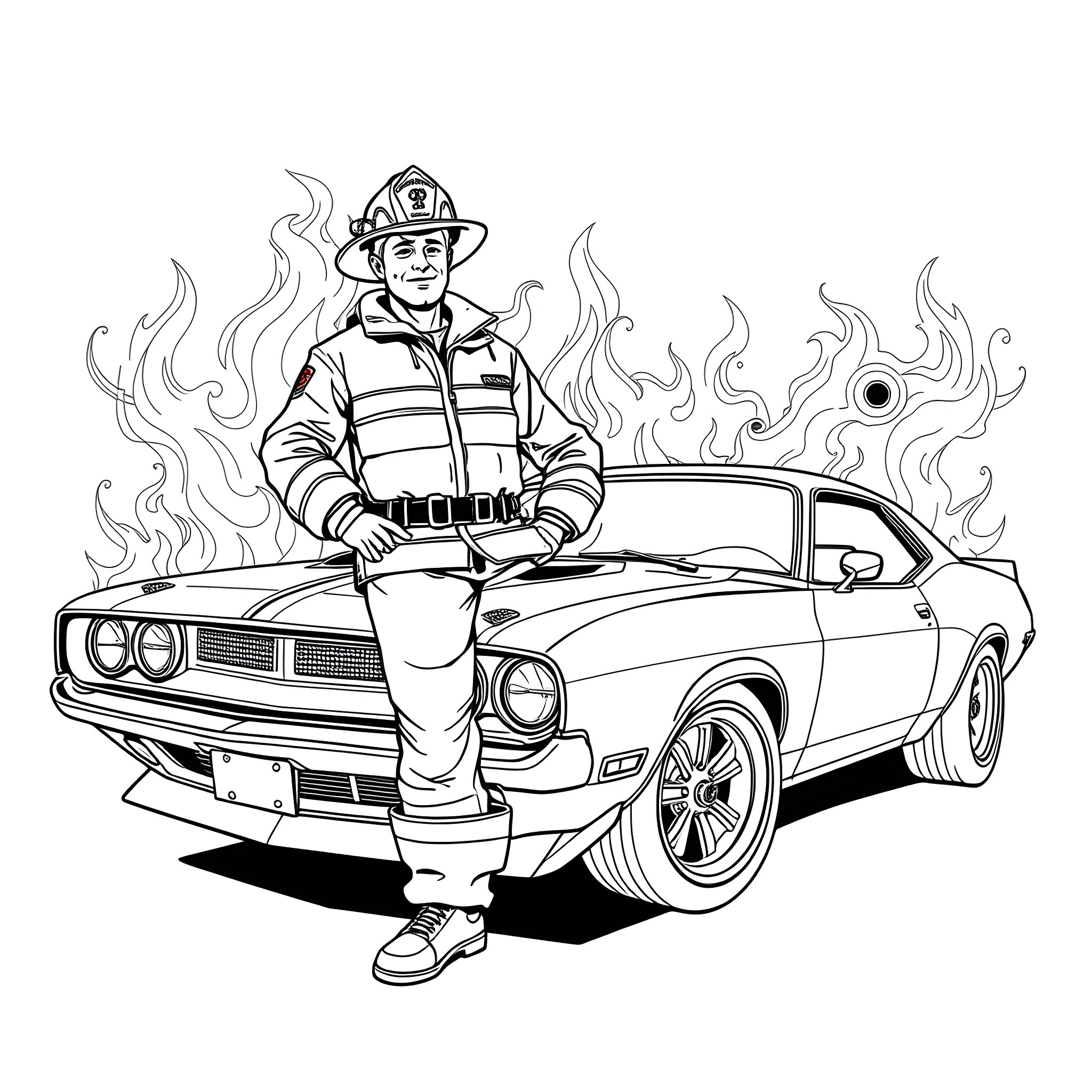 Fireman Car Rescue Mission Coloring Page (free black-and-white line drawing printable PDF for all, from beginners to advanced learners, including children, teens, adults, and seniors)