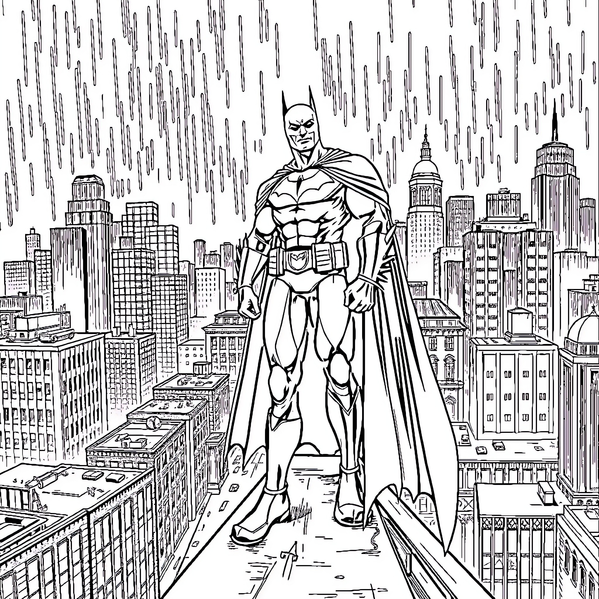 Batman's Vigilant Stance over the Cityscape Coloring Page (free black-and-white line drawing printable PDF for all, from beginners to advanced learners, including children, teens, adults, and seniors)