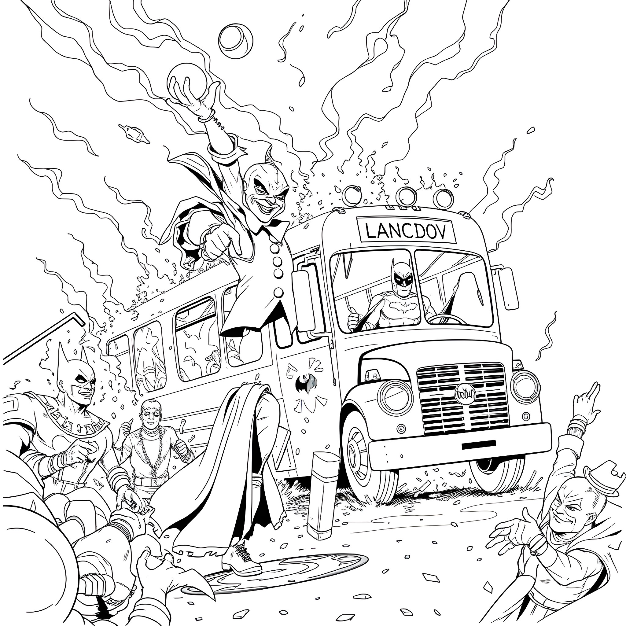 Clown Chaos on the Langdov Bus Coloring Page (free black-and-white line drawing printable PDF for all, from beginners to advanced learners, including children, teens, adults, and seniors)