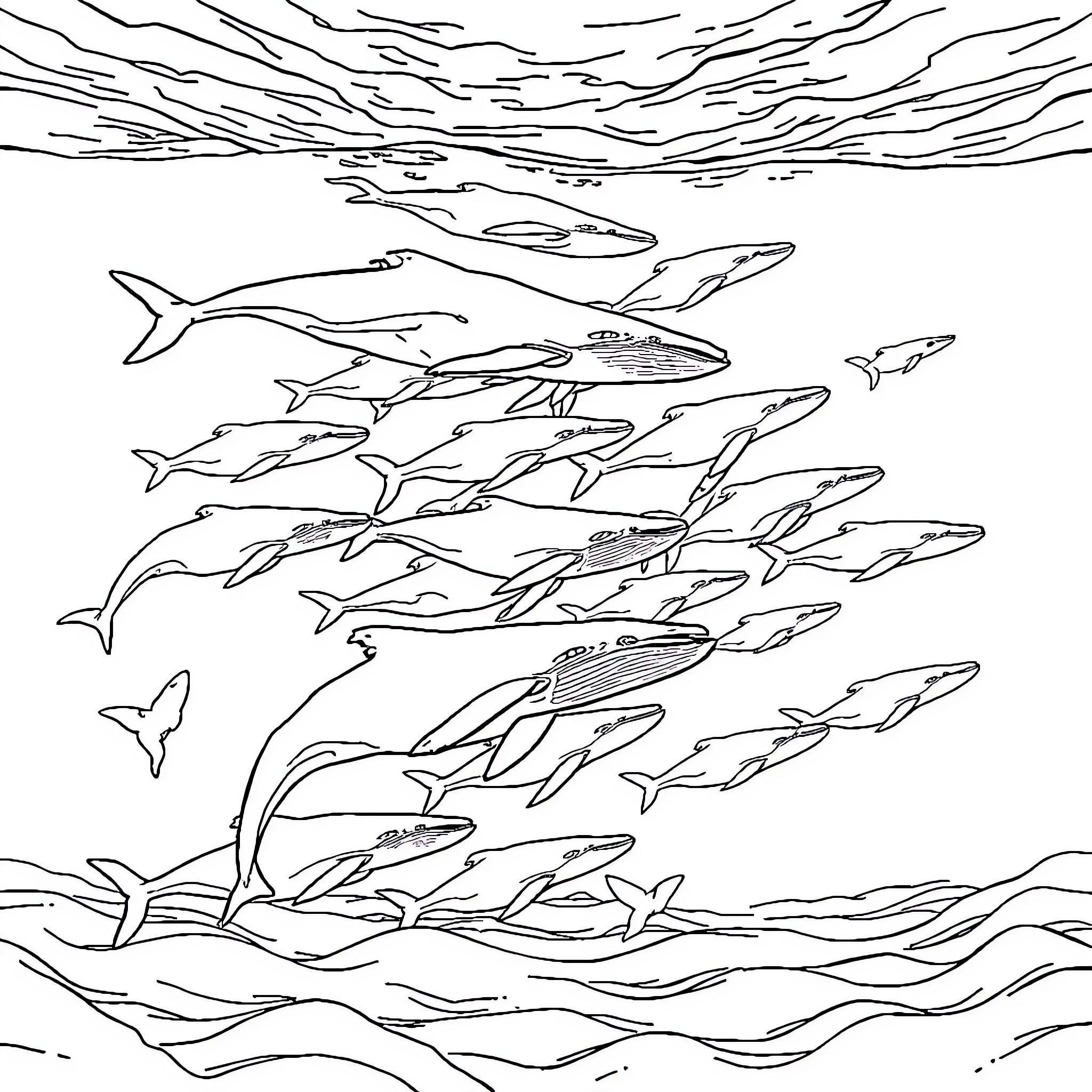 Whale pod swimming gracefully in the ocean Coloring Page (free black-and-white line drawing printable PDF for all, from beginners to advanced learners, including children, teens, adults, and seniors)