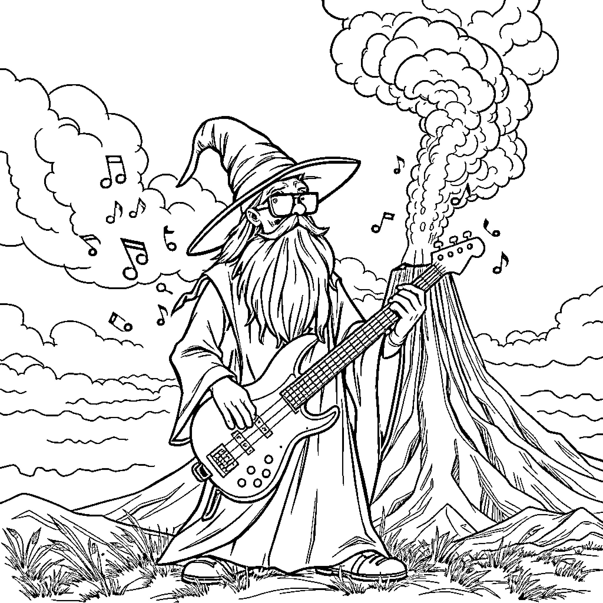 Wizard playing his guitar in a musical storm Coloring Page (free black-and-white line drawing printable PDF for all, from beginners to advanced learners, including children, teens, adults, and seniors)