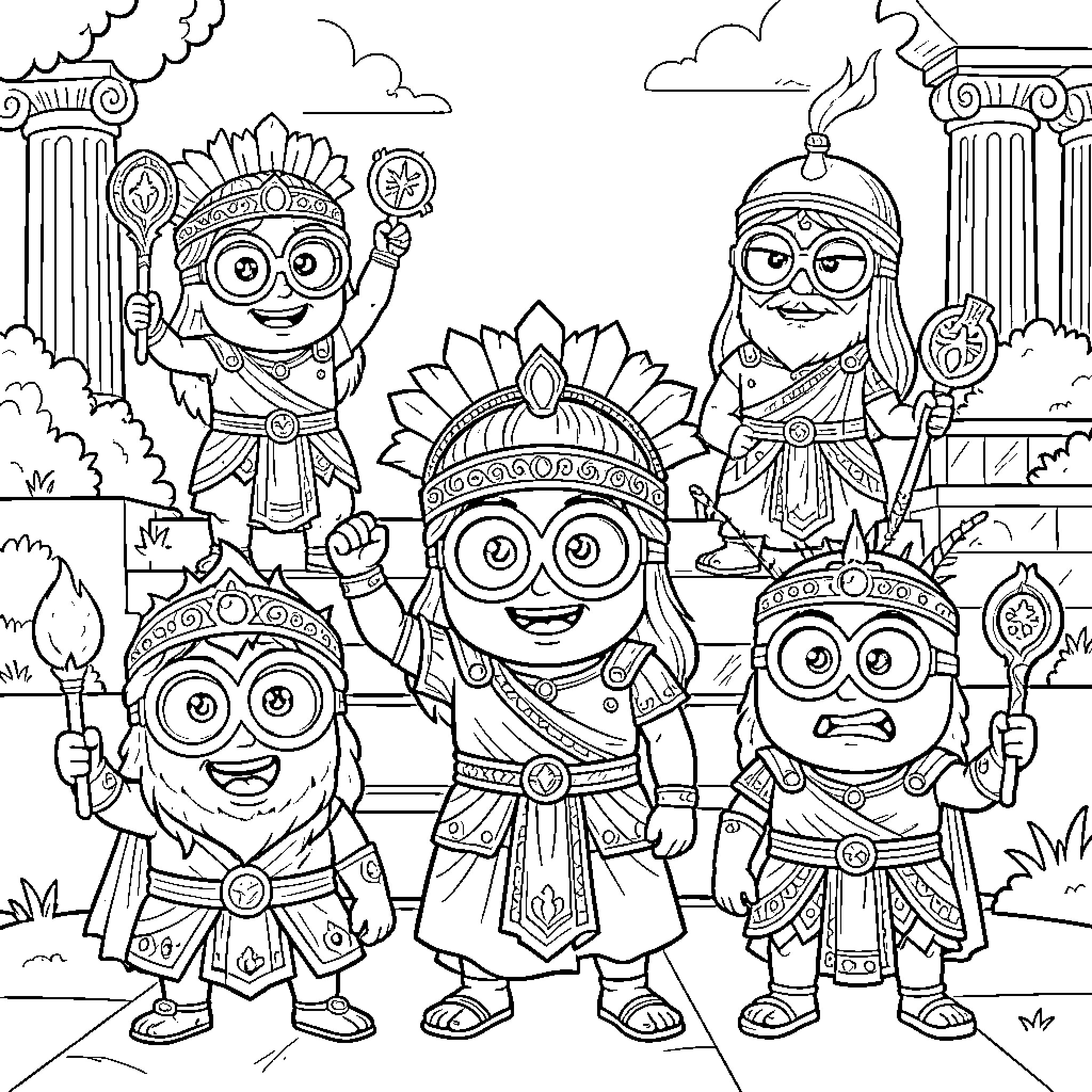 Minions dressed as Ancient Greek gods and warriors Coloring Page (free black-and-white line drawing printable PDF for all, from beginners to advanced learners, including children, teens, adults, and seniors)
