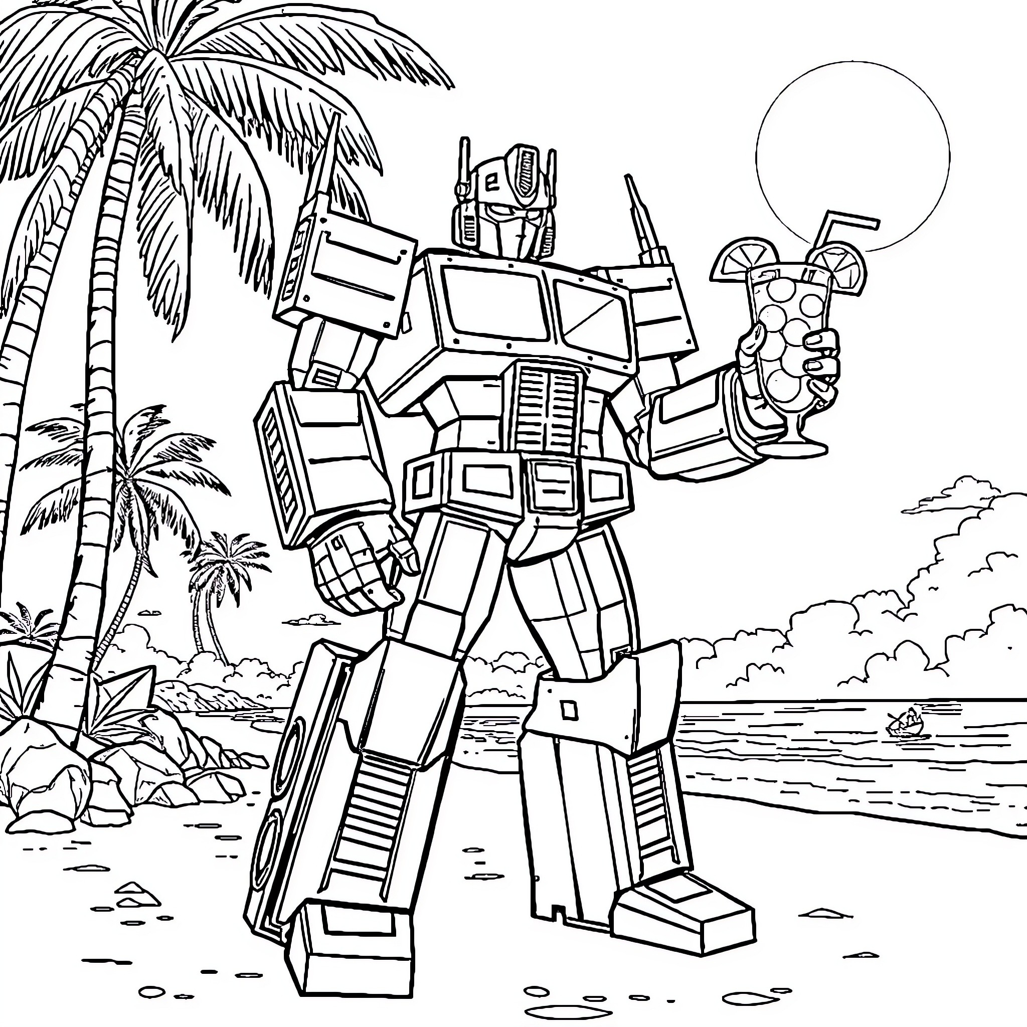 Optimus Prime enjoying beach vacation with Energon drinks Coloring Page (free black-and-white line drawing printable PDF for all, from beginners to advanced learners, including children, teens, adults, and seniors)
