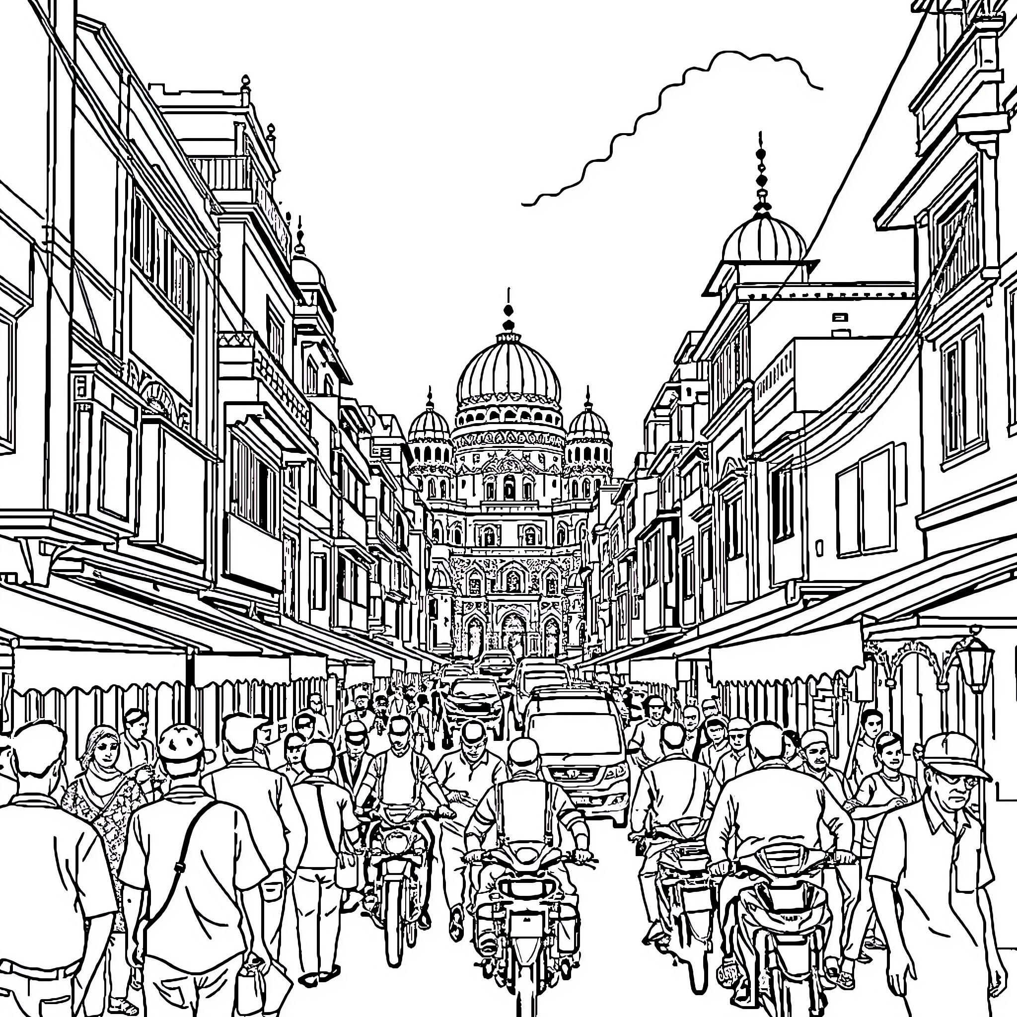 Patna bustling street scene with ornate architecture Coloring Page (free black-and-white line drawing printable PDF for all, from beginners to advanced learners, including children, teens, adults, and seniors)