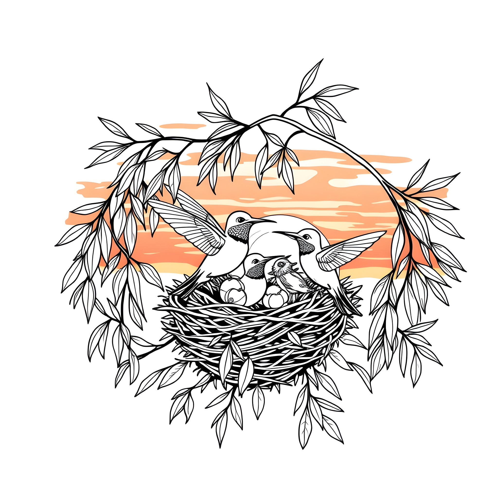 Hummingbird Caring for Nestlings at Sunset Coloring Page (free black-and-white line drawing printable PDF for all, from beginners to advanced learners, including children, teens, adults, and seniors)