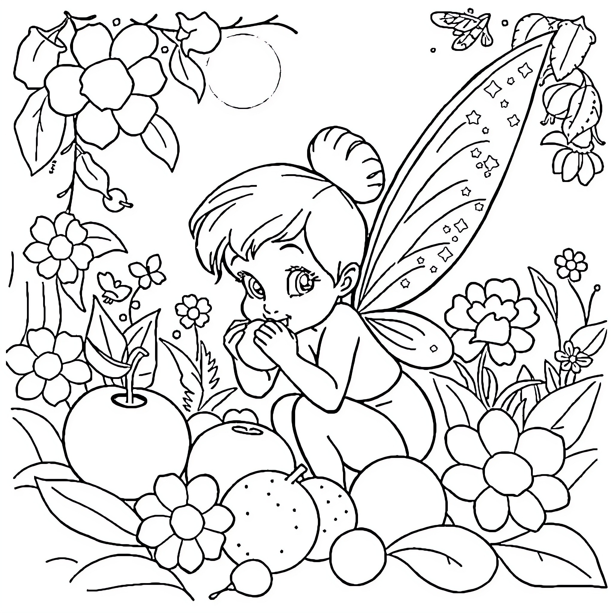 Tinkerbell playing amongst flowers and butterflies Coloring Page (free black-and-white line drawing printable PDF for all, from beginners to advanced learners, including children, teens, adults, and seniors)