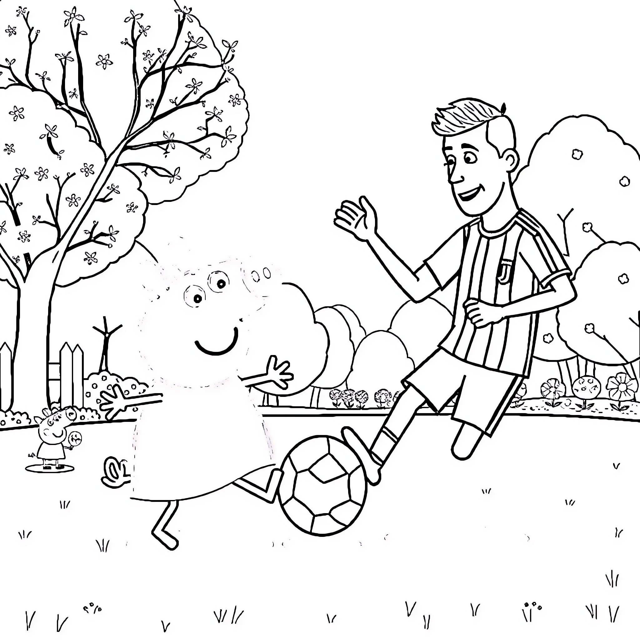 Peppa Pig and Friend Enjoying a Outdoor Adventure Coloring Page (free black-and-white line drawing printable PDF for all, from beginners to advanced learners, including children, teens, adults, and seniors)