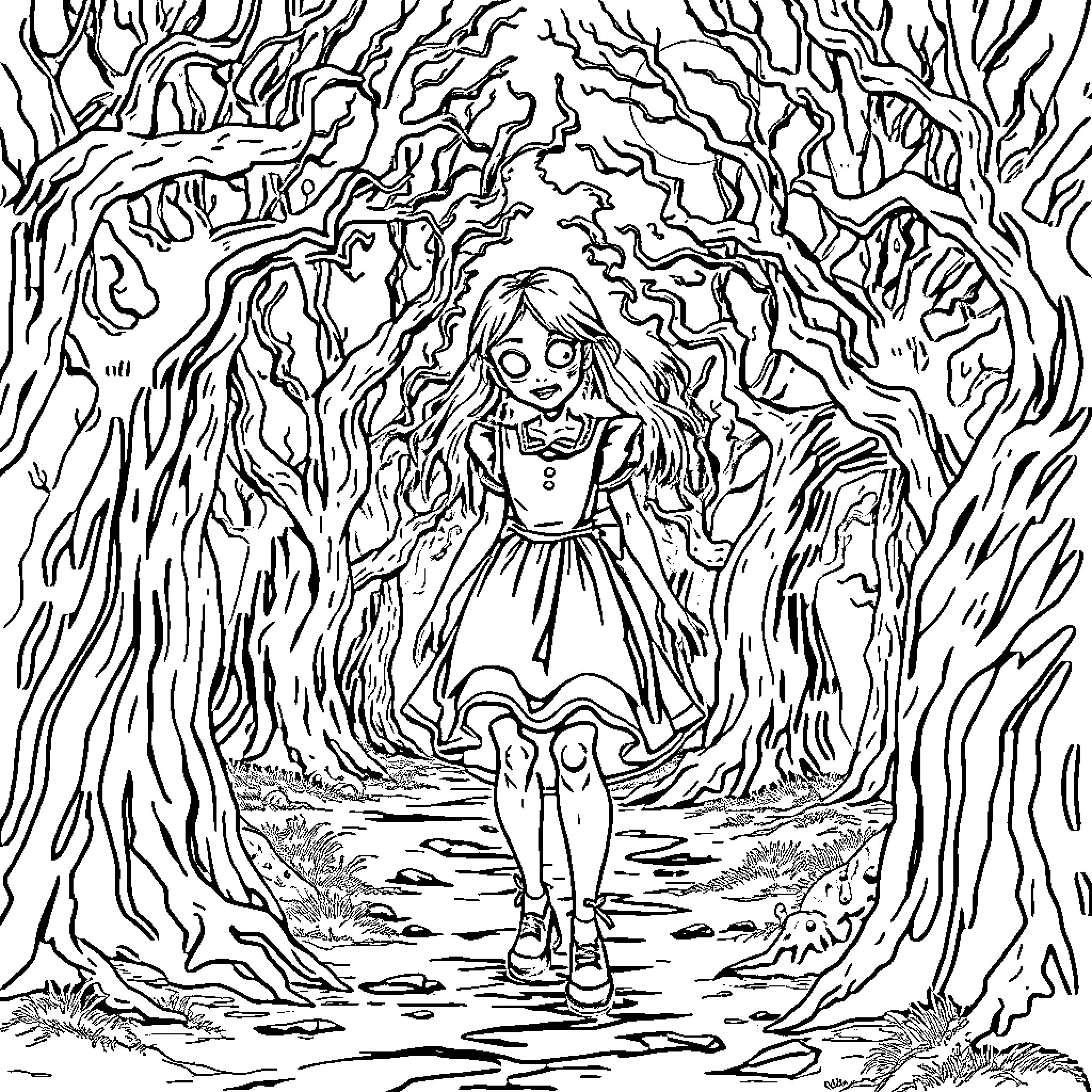 Zombie Girl Wandering Through Eerie Forest Coloring Page (free black-and-white line drawing printable PDF for all, from beginners to advanced learners, including children, teens, adults, and seniors)