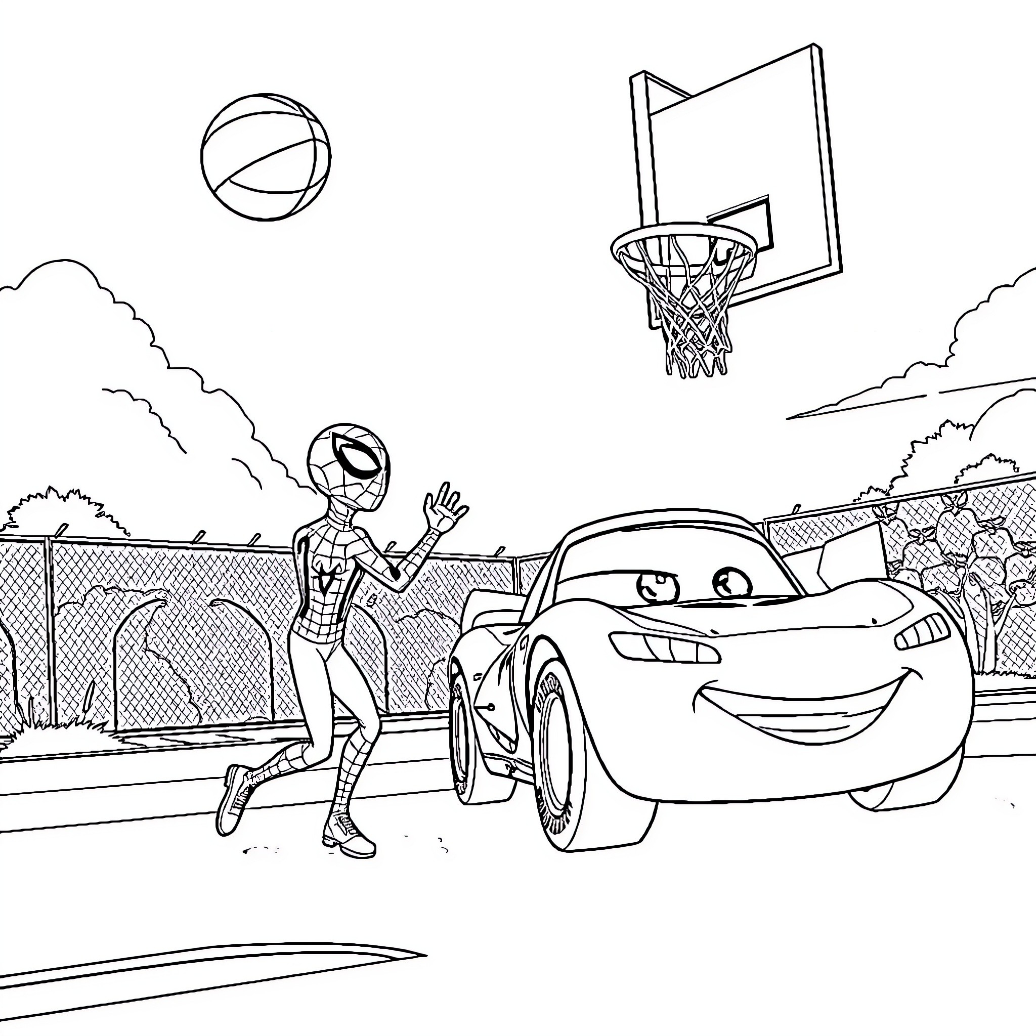 Spidey's Sporty Adventure with Cars Coloring Page (free black-and-white line drawing printable PDF for all, from beginners to advanced learners, including children, teens, adults, and seniors)