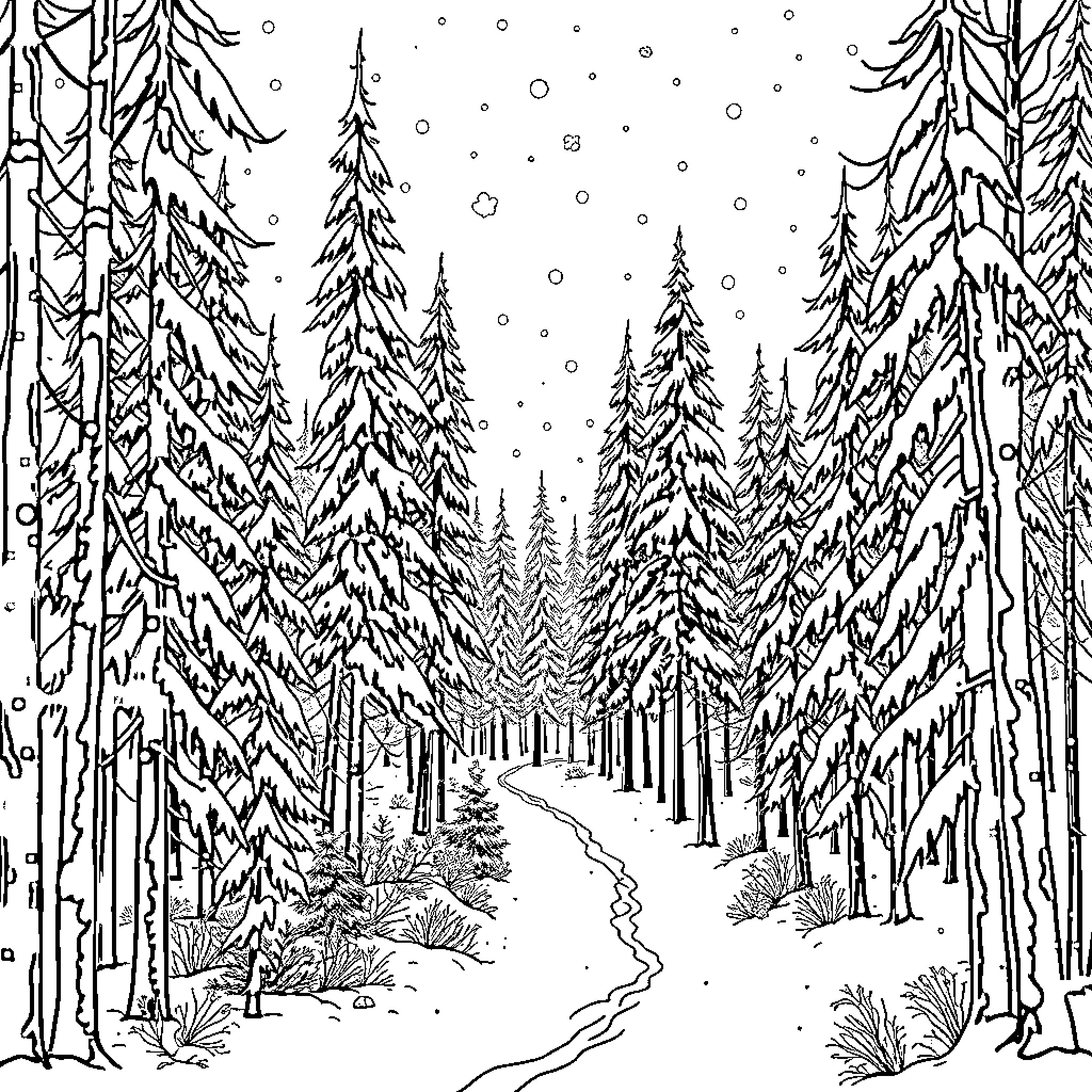 Winterwald: Snowy forest scene with winding path Coloring Page (free black-and-white line drawing printable PDF for all, from beginners to advanced learners, including children, teens, adults, and seniors)