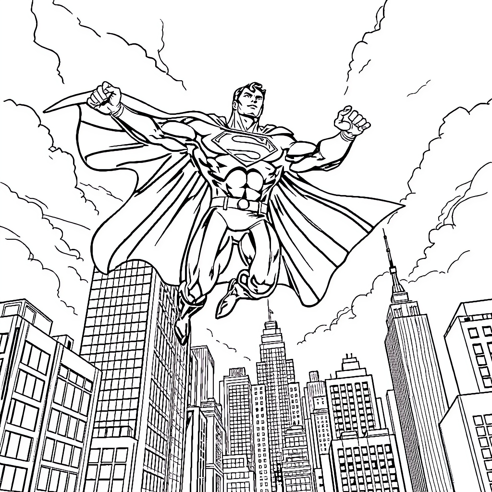 Superman soaring over the city skyline Coloring Page (free black-and-white line drawing printable PDF for all, from beginners to advanced learners, including children, teens, adults, and seniors)