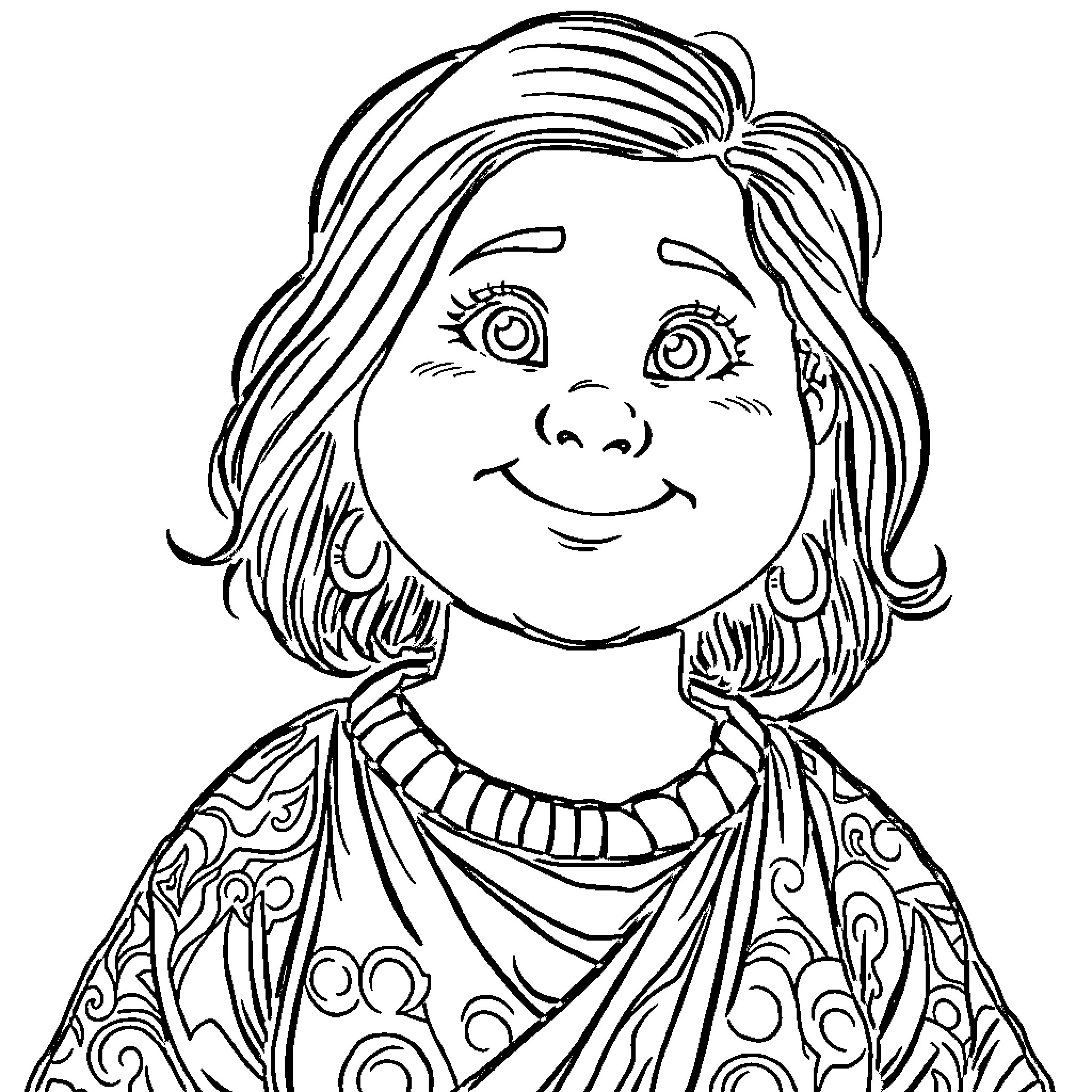 Woman with playful expression in ornate dress Coloring Page (free black-and-white line drawing printable PDF for all, from beginners to advanced learners, including children, teens, adults, and seniors)
