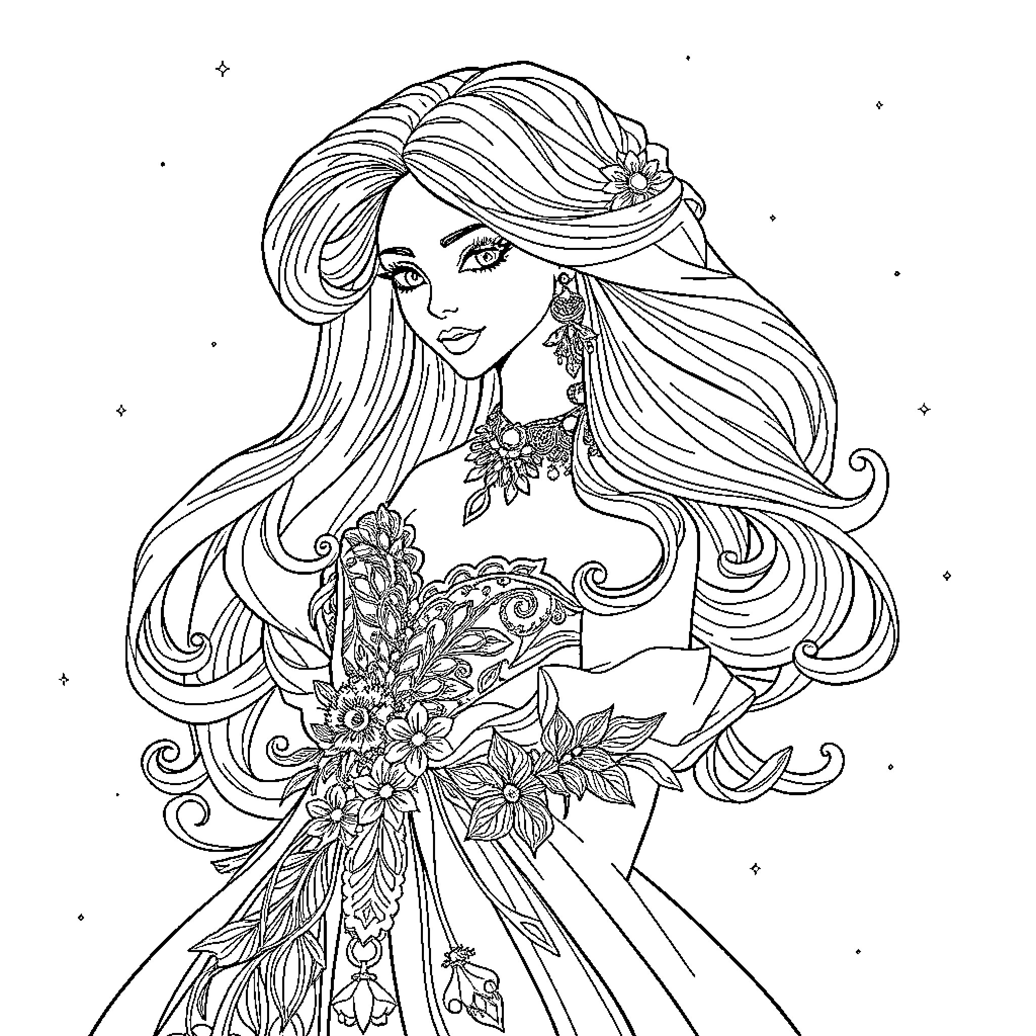 Fantasy Girl in Elaborate Floral Dress Coloring Page (free black-and-white line drawing printable PDF for all, from beginners to advanced learners, including children, teens, adults, and seniors)