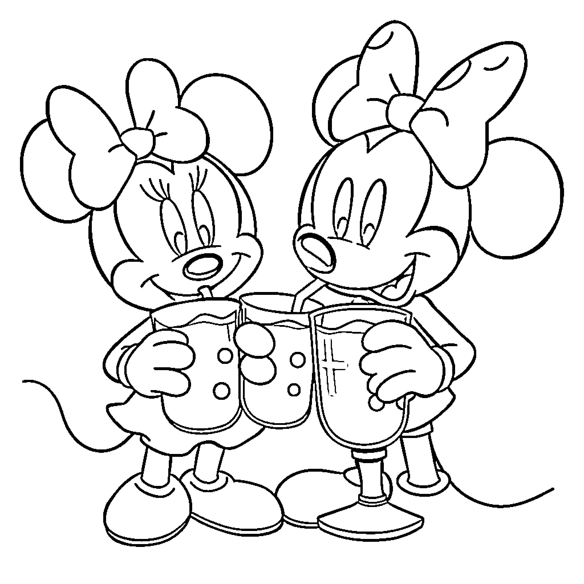 Mickey Mouse and Minnie Mouse in cute outfits Coloring Page (free black-and-white line drawing printable PDF for all, from beginners to advanced learners, including children, teens, adults, and seniors)