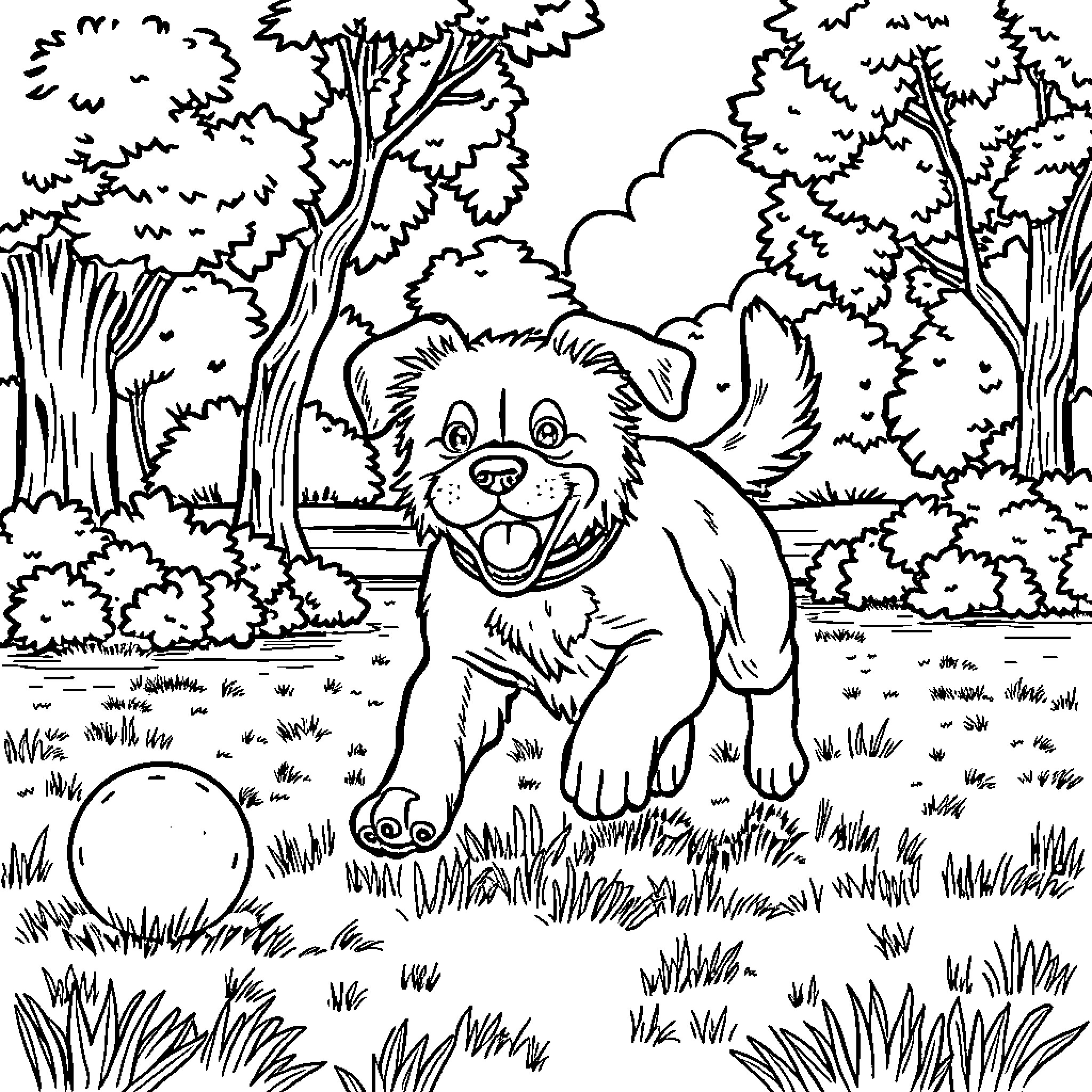 Dog exploring the forest with a ball Coloring Page (free black-and-white line drawing printable PDF for all, from beginners to advanced learners, including children, teens, adults, and seniors)