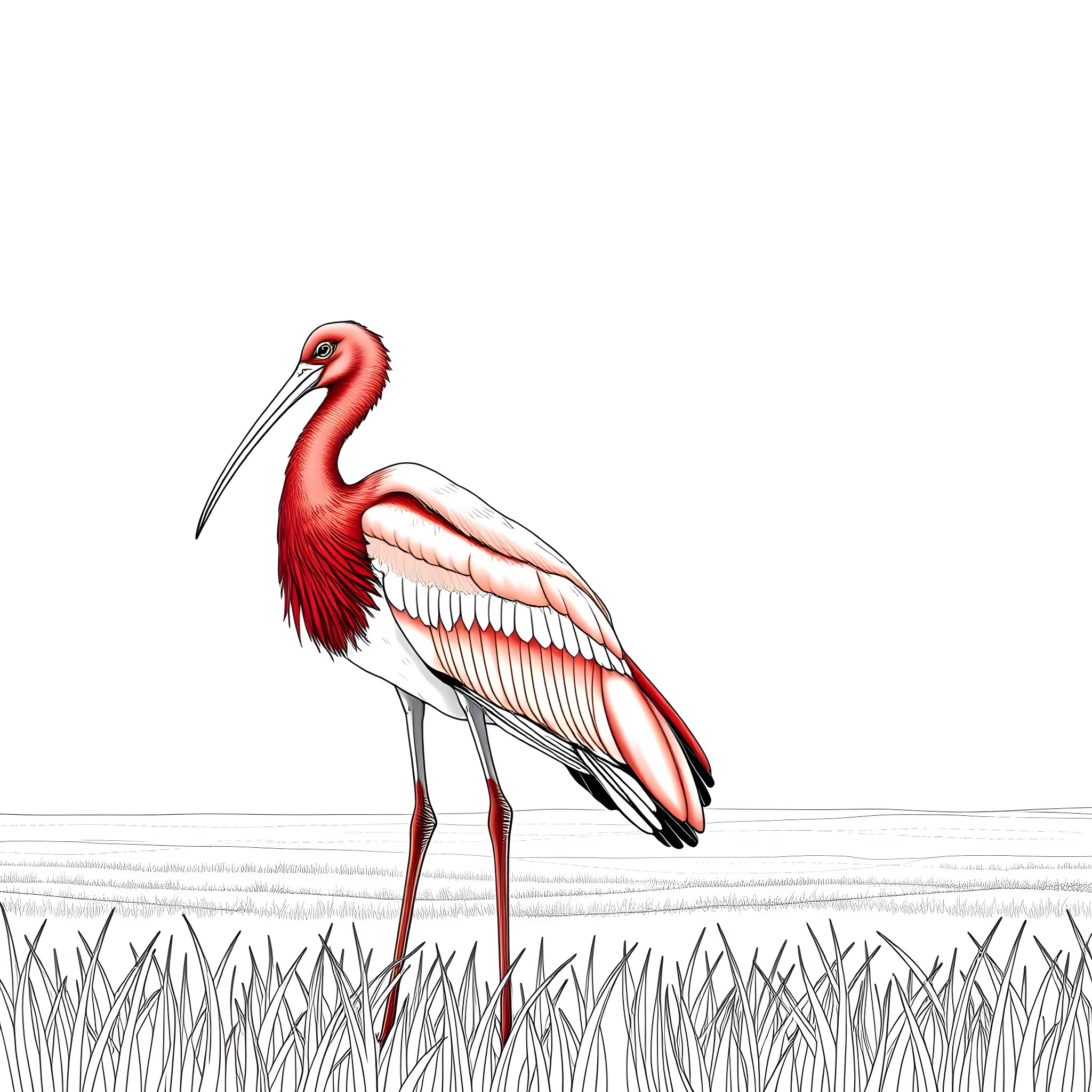 Ibis standing proudly in the grass Coloring Page (free black-and-white line drawing printable PDF for all, from beginners to advanced learners, including children, teens, adults, and seniors)