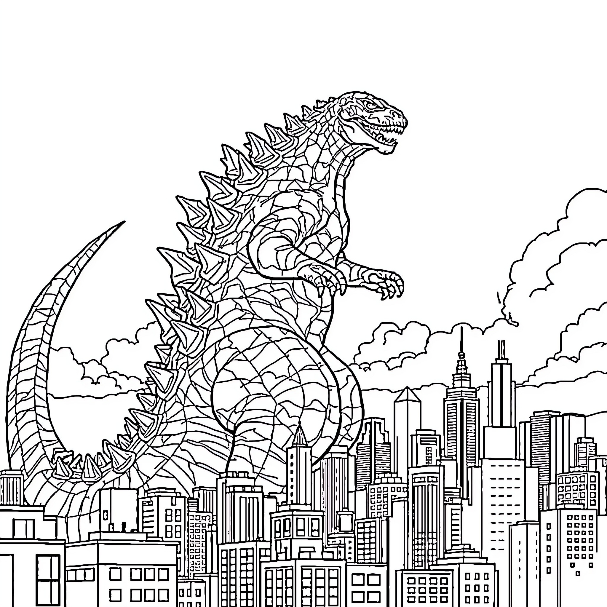 Monster Stomping Through Towering City Skyline Coloring Page (free black-and-white line drawing printable PDF for all, from beginners to advanced learners, including children, teens, adults, and seniors)