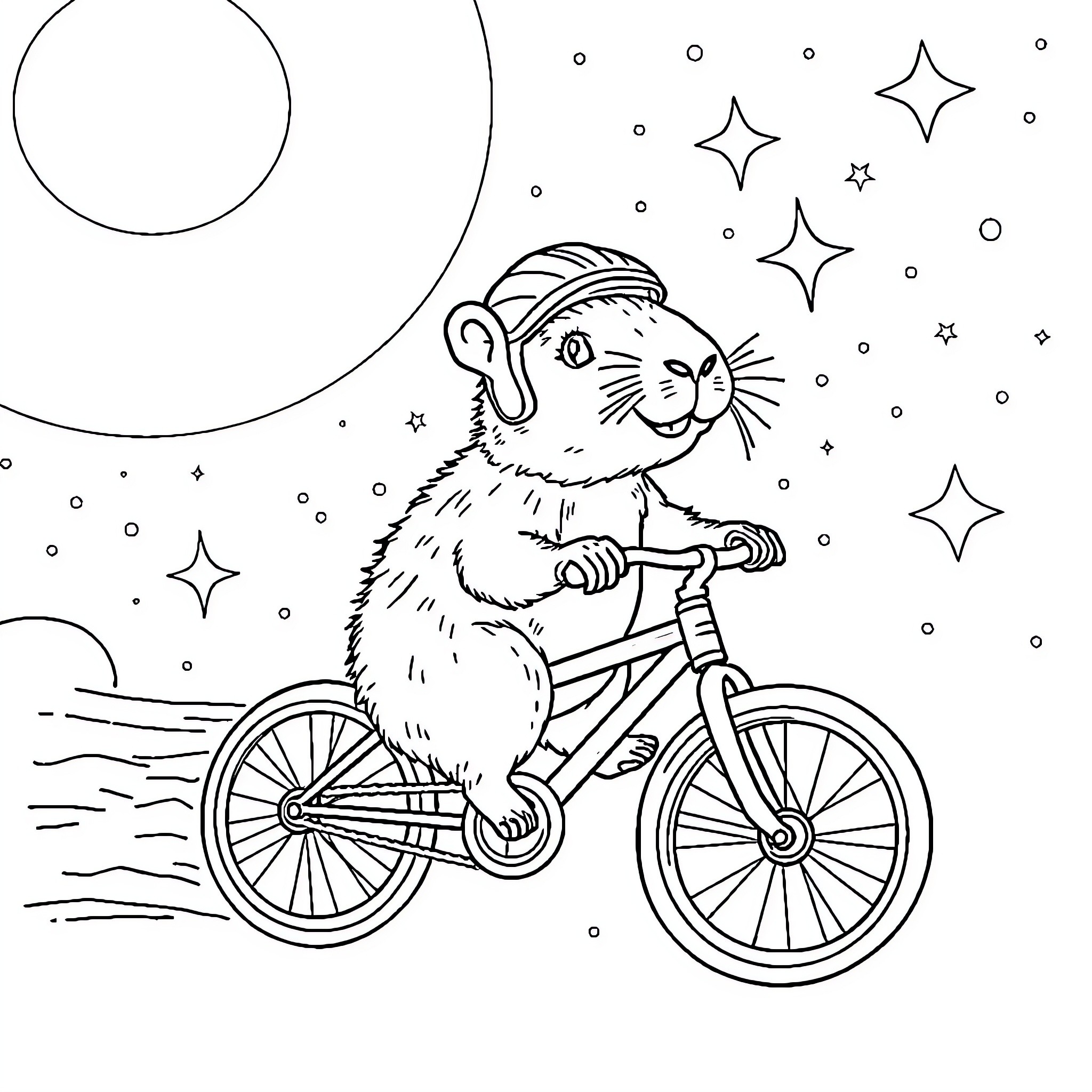 Capybara riding a bicycle under the night sky Coloring Page (free black-and-white line drawing printable PDF for all, from beginners to advanced learners, including children, teens, adults, and seniors)