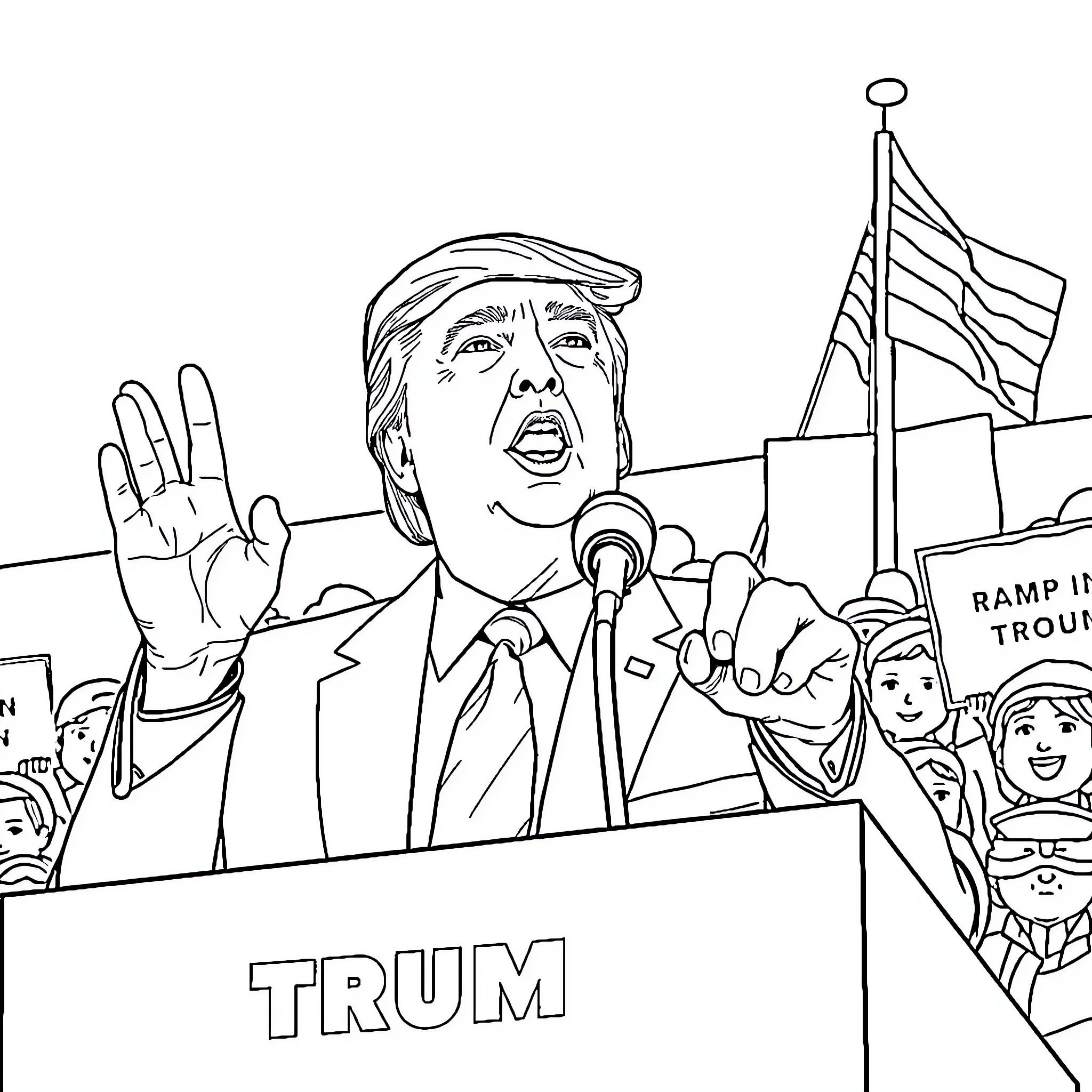 Trump Speaking Passionately at Political Rally Coloring Page (free black-and-white line drawing printable PDF for all, from beginners to advanced learners, including children, teens, adults, and seniors)