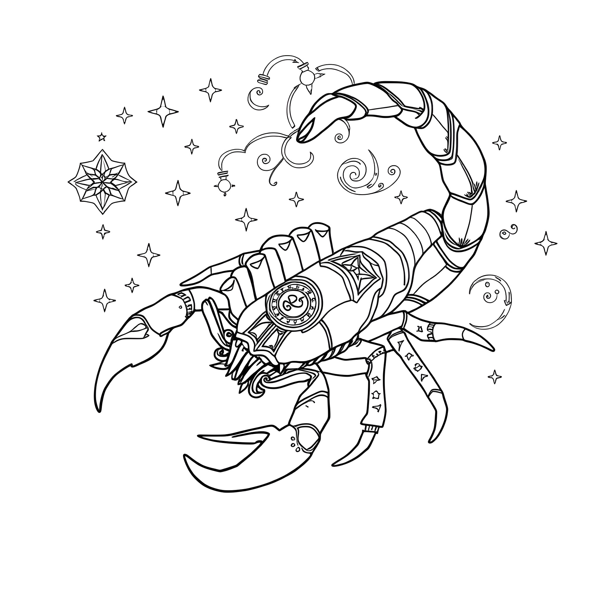 Scorpio's Cosmic Clockwork Coloring Page (free black-and-white line drawing printable PDF for all, from beginners to advanced learners, including children, teens, adults, and seniors)